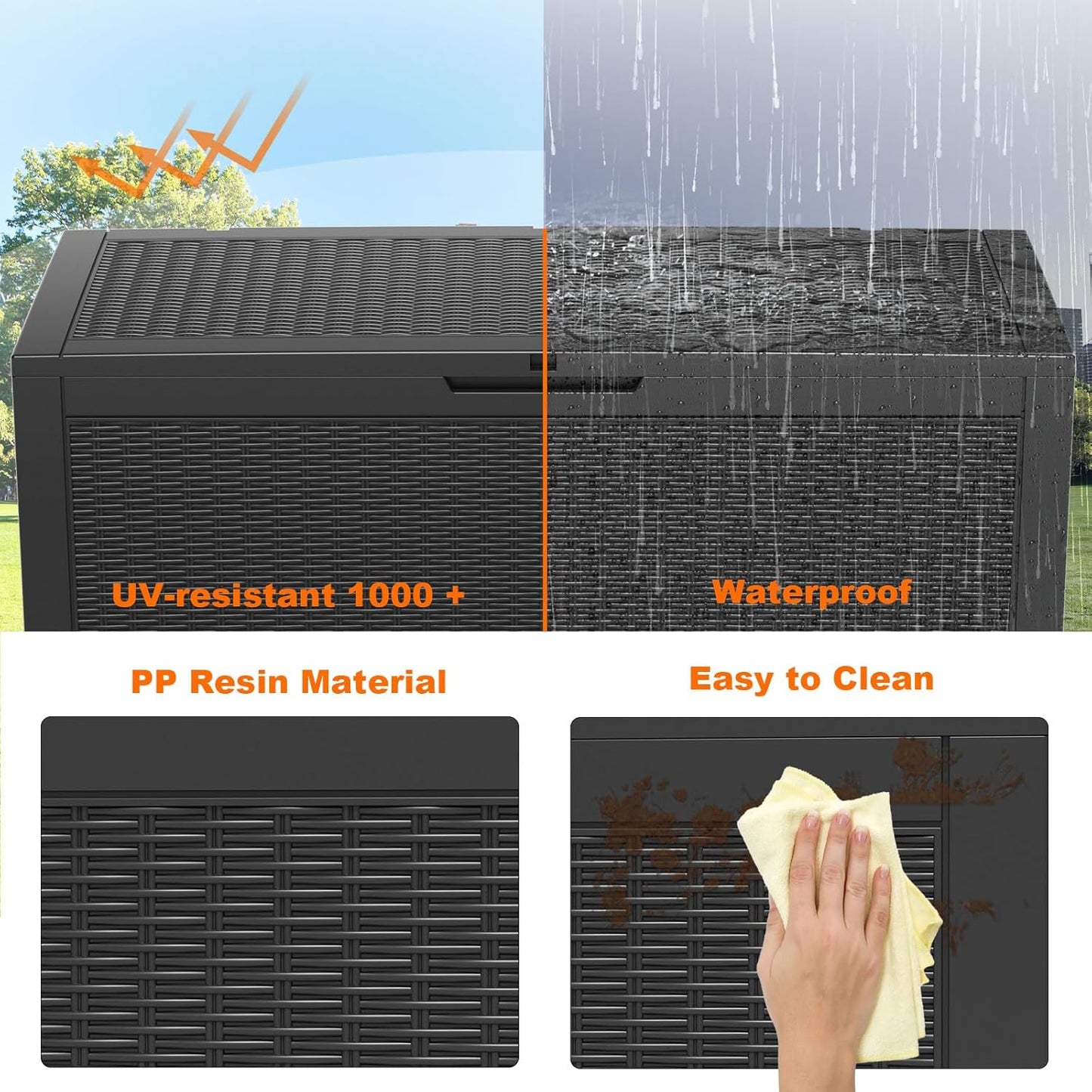 100 Gallon Resin Deck Box, Lockable Patio Outdoor Storage Box for Furniture, Garden Tools and Tools Storage, Waterproof Outside Storage Boxes - Black