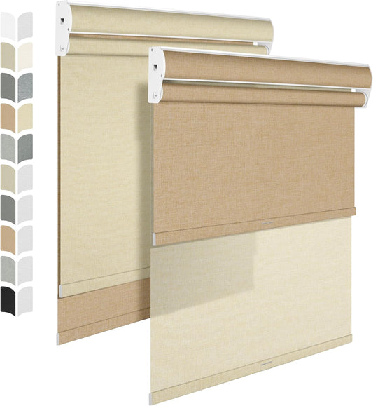 BERISSA Cordless Dual Roller Shades with Cassette Valance, Double Window Shades - Blackout and Light Filtering, Day and Night for Home Office Door. Linen Beige. 48 W x 64" H
