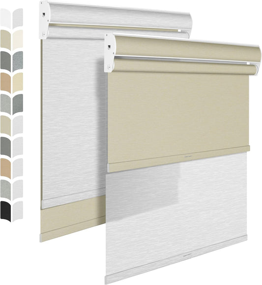 BERISSA Cordless Dual Roller Shades with Cassette Valance,Double Window Shades Blackout and Light Filtering Shades,Day and Night Roller Shades for Home Office Door.Beige and White.44 W x 44" H