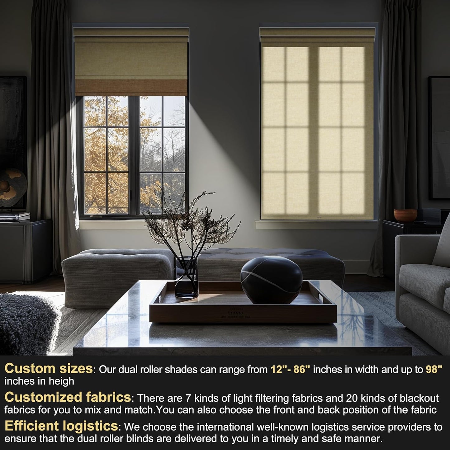 BERISSA Cordless Dual Roller Shades with Cassette Valance,Double Window Shades Blackout and Light Filtering Shades,Day and Night Roller Shades for Home Office Door.Linen Beige.68 W x 36" H
