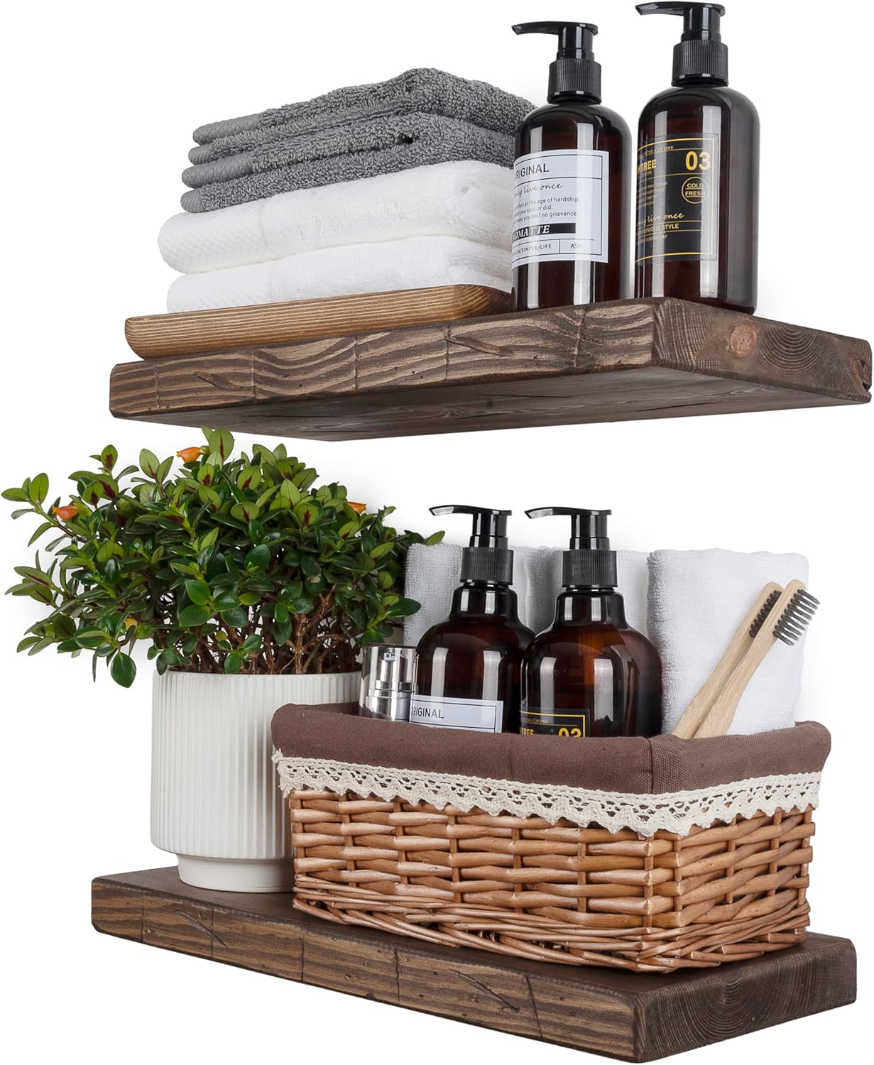 BGMG Wood Floating Shelves for Wall 18 inch, Distressed, Rustic Wooden Wall Mount Shelves for Bathroom Living Room Bedroom Kitchen Farmhouse Set of 2-18x6.7x1.25 inch-Distressed Walnut