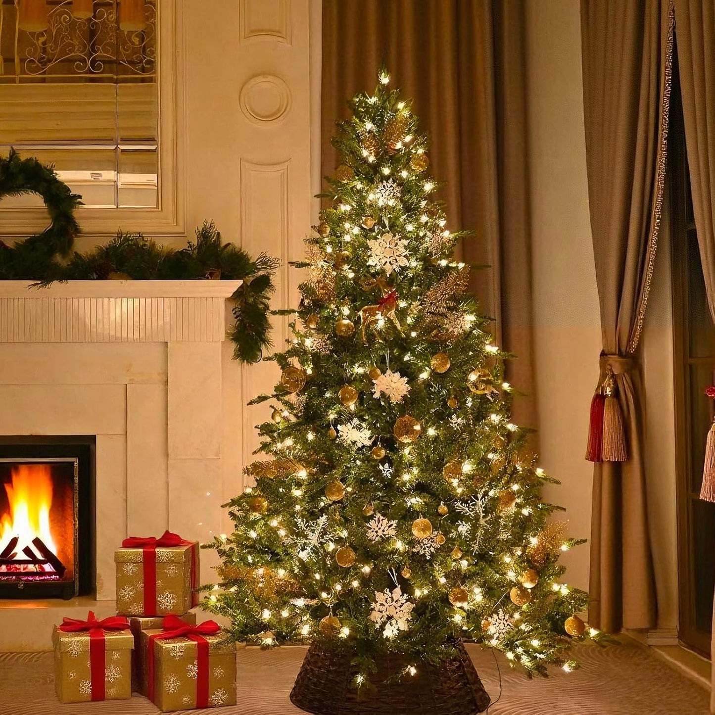 9FT Pre-Lit Artificial Christmas Tree with 3658 PE&PVC Mixed Branch Tips, 850 Warm White Lights, Hinged Premium Spruce Fake Xmas Trees, Green, Foldable Base