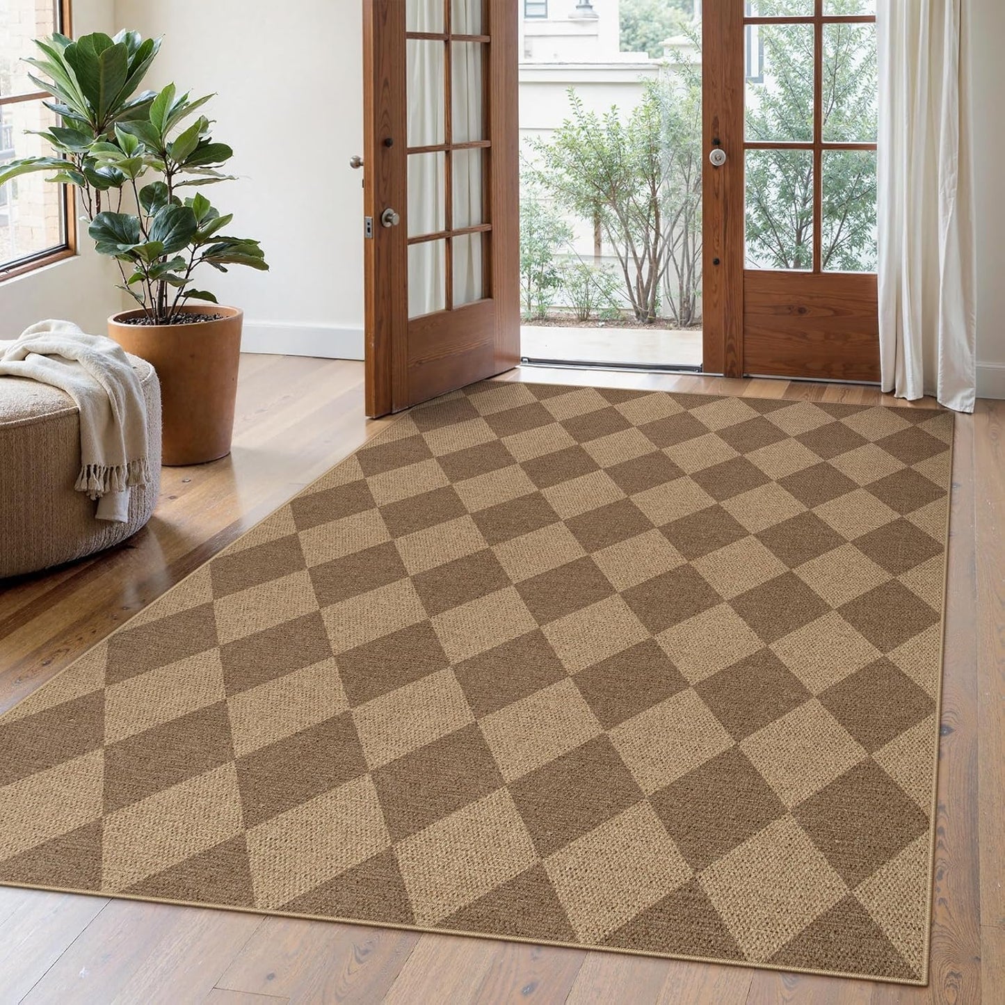 Lahome Checkered Easy Jute Indoor Outdoor Rug, 5x7 Area Rugs for Living Room Nature Large Dining Room Carpet, Washable Non Slip Indoor Outdoor Carpet for Home Office Bedroom Backyard Patio