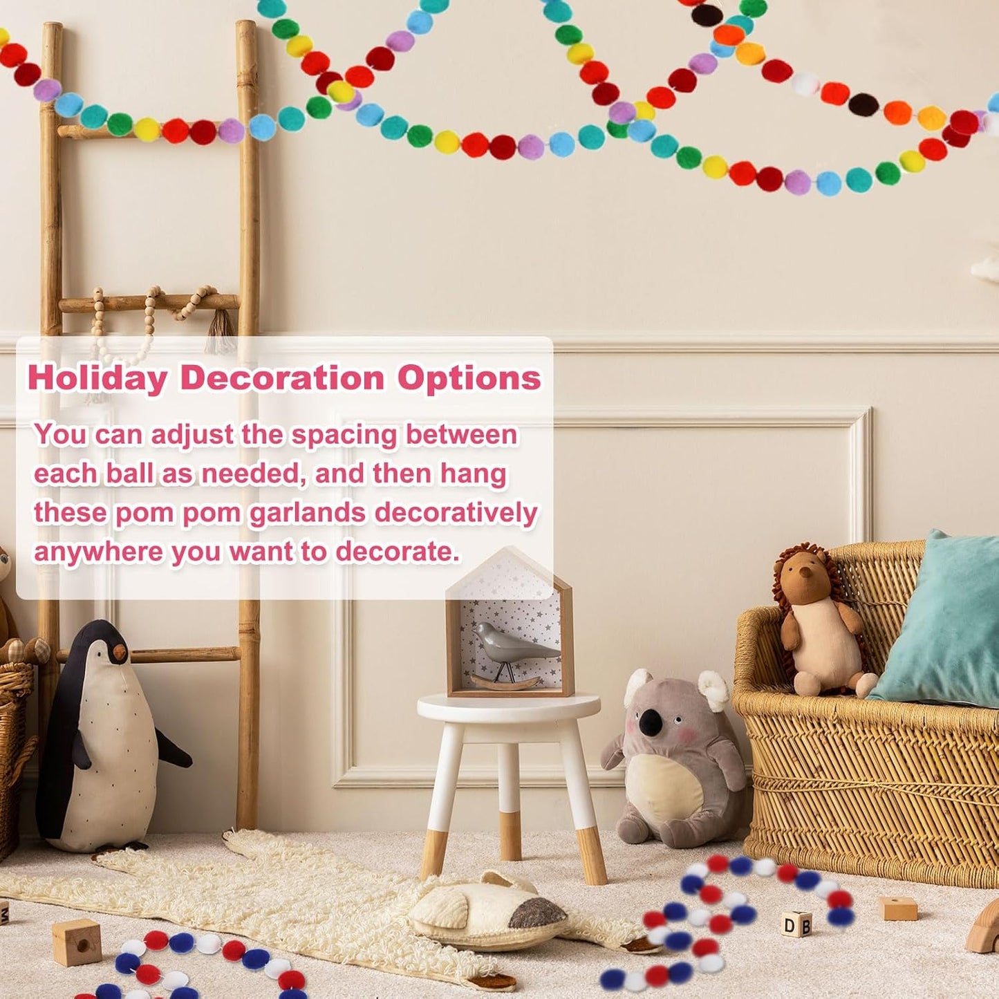PATIKIL 26Ft Pom Pom Garland Decorations, 4Pcs Colorful Felt Ball Garland Banner Cute Rainbow Pompom Hanging Decorations for Tree Ornaments Homes Decor, Pink/White/Rose Red
