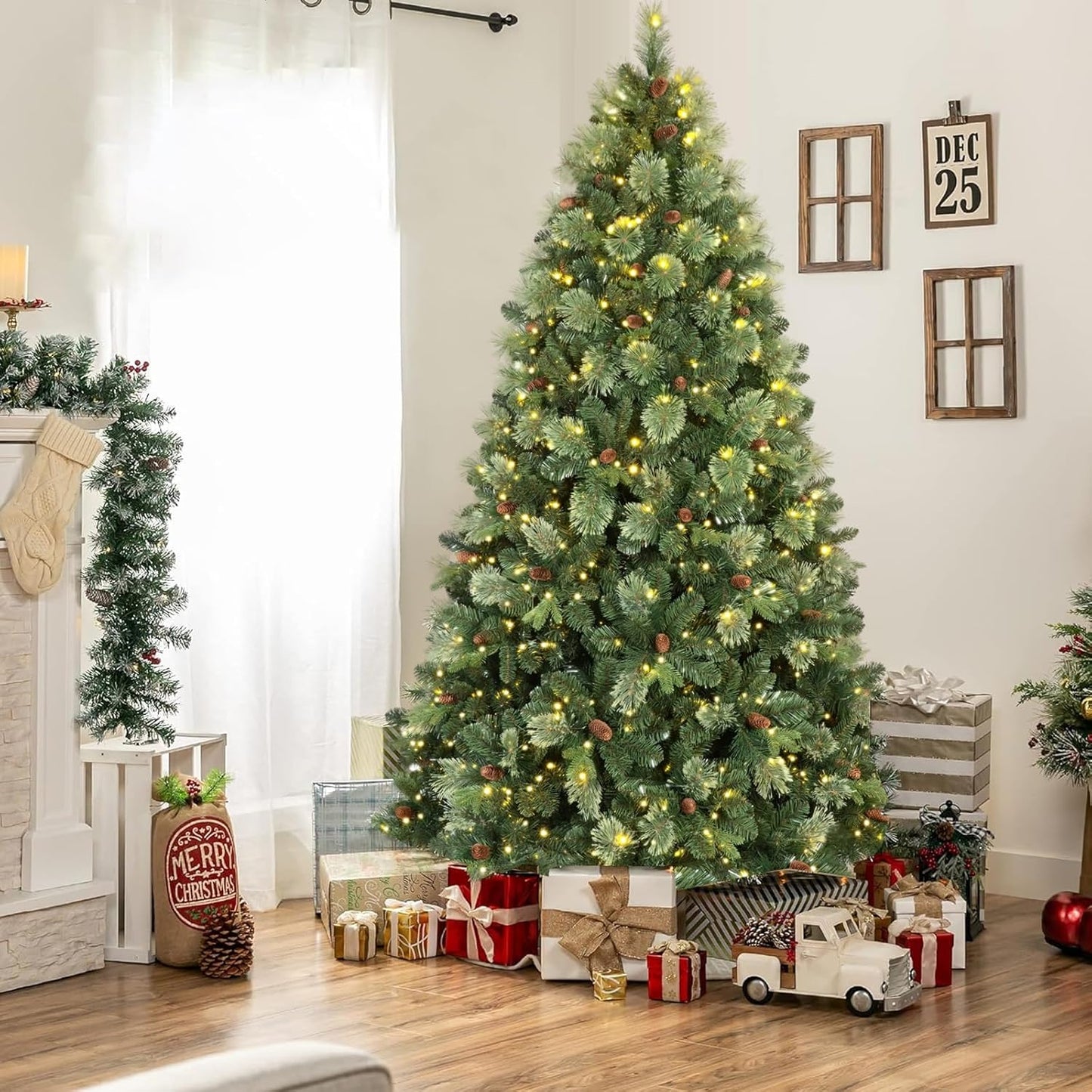 Kadunmina 6ft Prelit Christmas Tree, Artificial Carolina Pine Christmas Tree with 410 Warm White Lights, Pine Cones, 980 Branch Tips and Metal Stand for Home, Office, Holiday Party Decoration