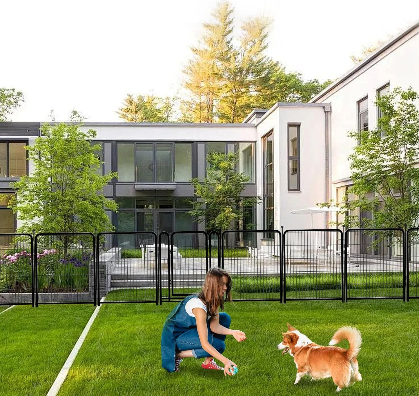 Dog Playpen 36inch 4 Panels, Puppy Playpen Indoors, Dog Fences Outdoor for Yard, Wide Door Low Threshold Garden Fencing for Medium/Large Pets. Black Pens Total 8.9 Ft(L)