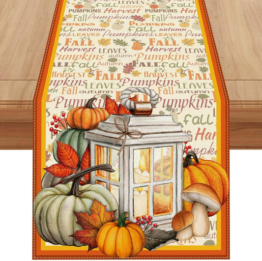 Linen Fall Table Runner - 72 Inch Farmhouse Leaves Pumpkin Table Decor Autumn Thanksgiving Home Kitchen Dining Room Decorations