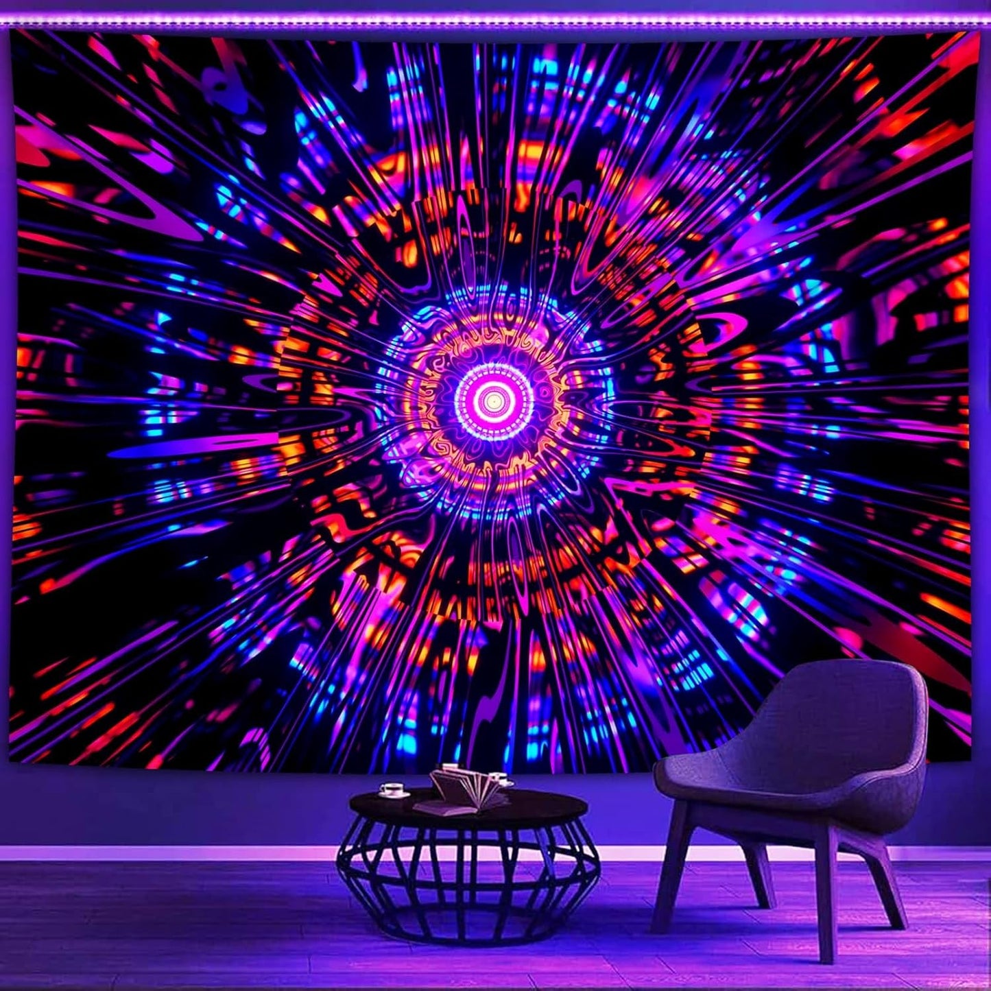 PSYHILAR Blacklight Mandala Tapestry for Bedroom, Psychedelic Black Light Posters for Adults and Teens, Colorful UV Reactive Aesthetic Bohemian Art Wall Hanging Decor Red and Purple (80 x 60 Inches)