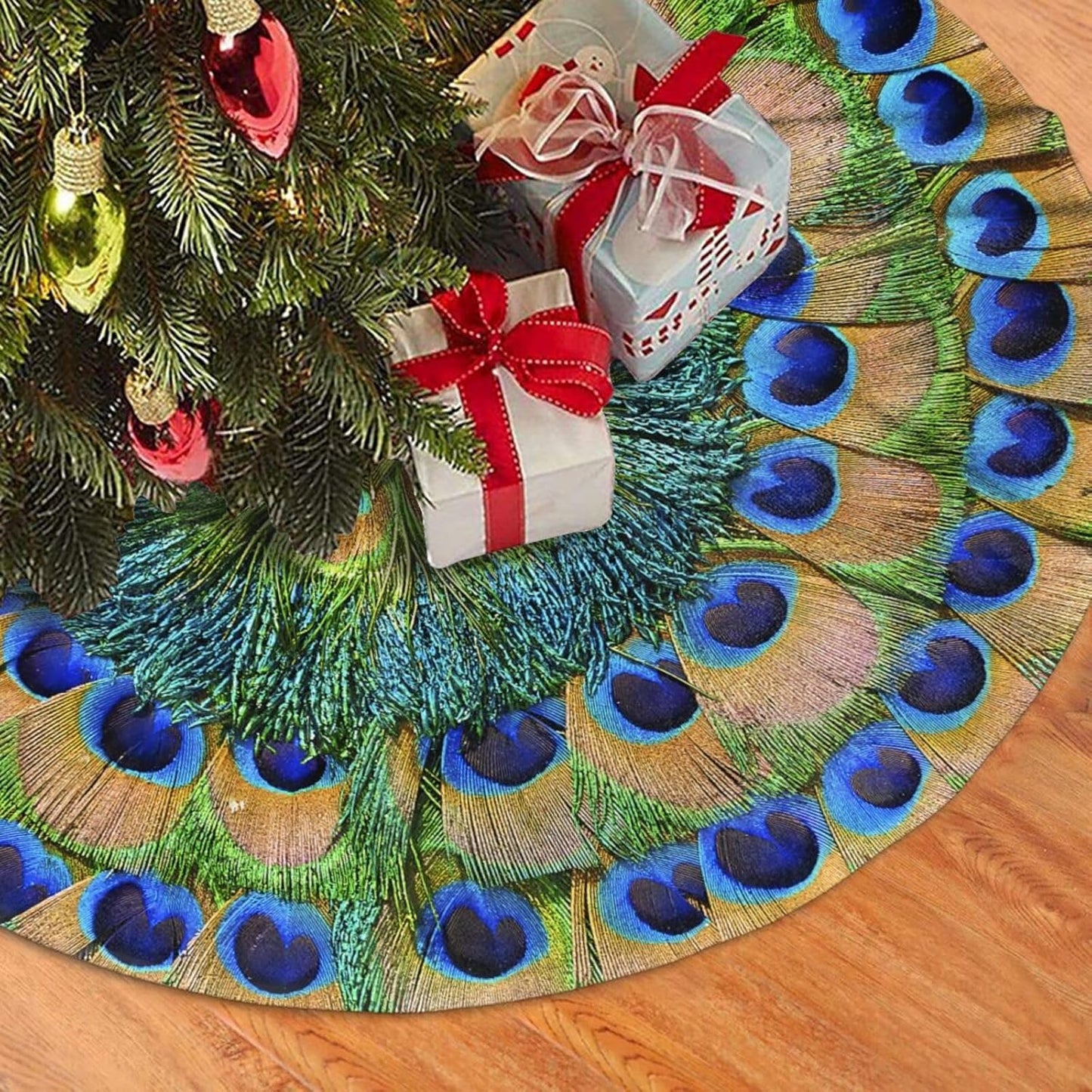 Christmas Tree Skirt,Peacock Feathers Circle Xmas Tree Skirt Rustic Farmhouse Tree Skirt for Christmas Decor Xmas Holiday Home Party Decorations30