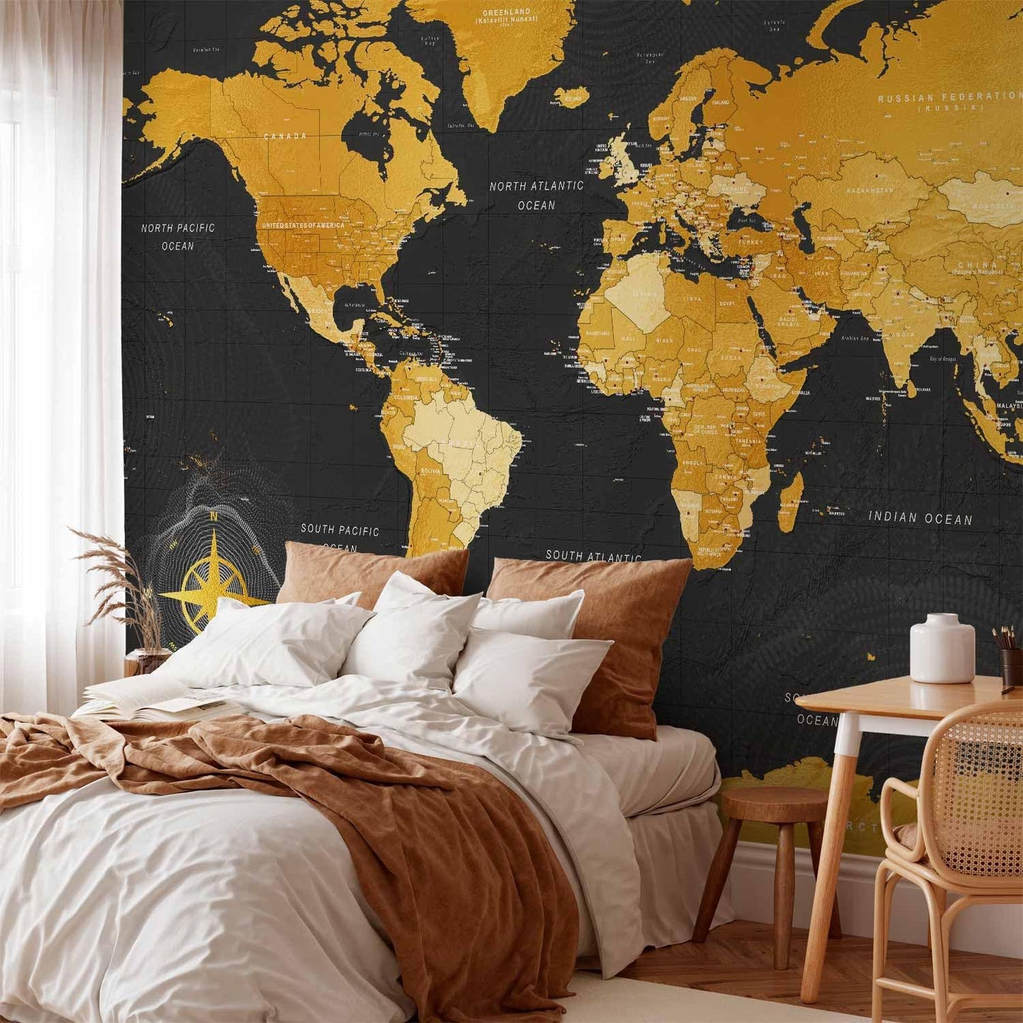 artgeist Premium Wall Mural World Map 138x101 in - XXL Non-Woven Wallpaper Fleece Wall Decor Photo Print Picture Image Design Home Map of The World k-A-0130-a-a