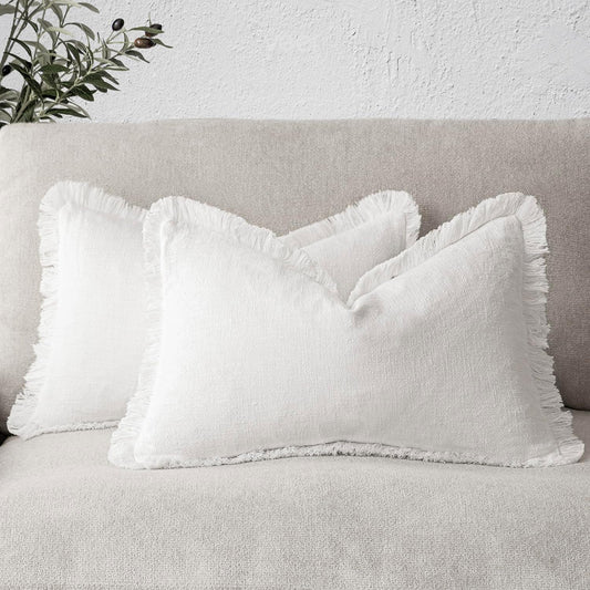 Foindtower Set of 2 Decorative Linen Fringe Throw Pillow Covers Cozy Boho Farmhouse Cushion Cover with Tassels Soft Accent Pillowcase for Couch Sofa Bed Living Room Home Decor,18×18 Inch,White