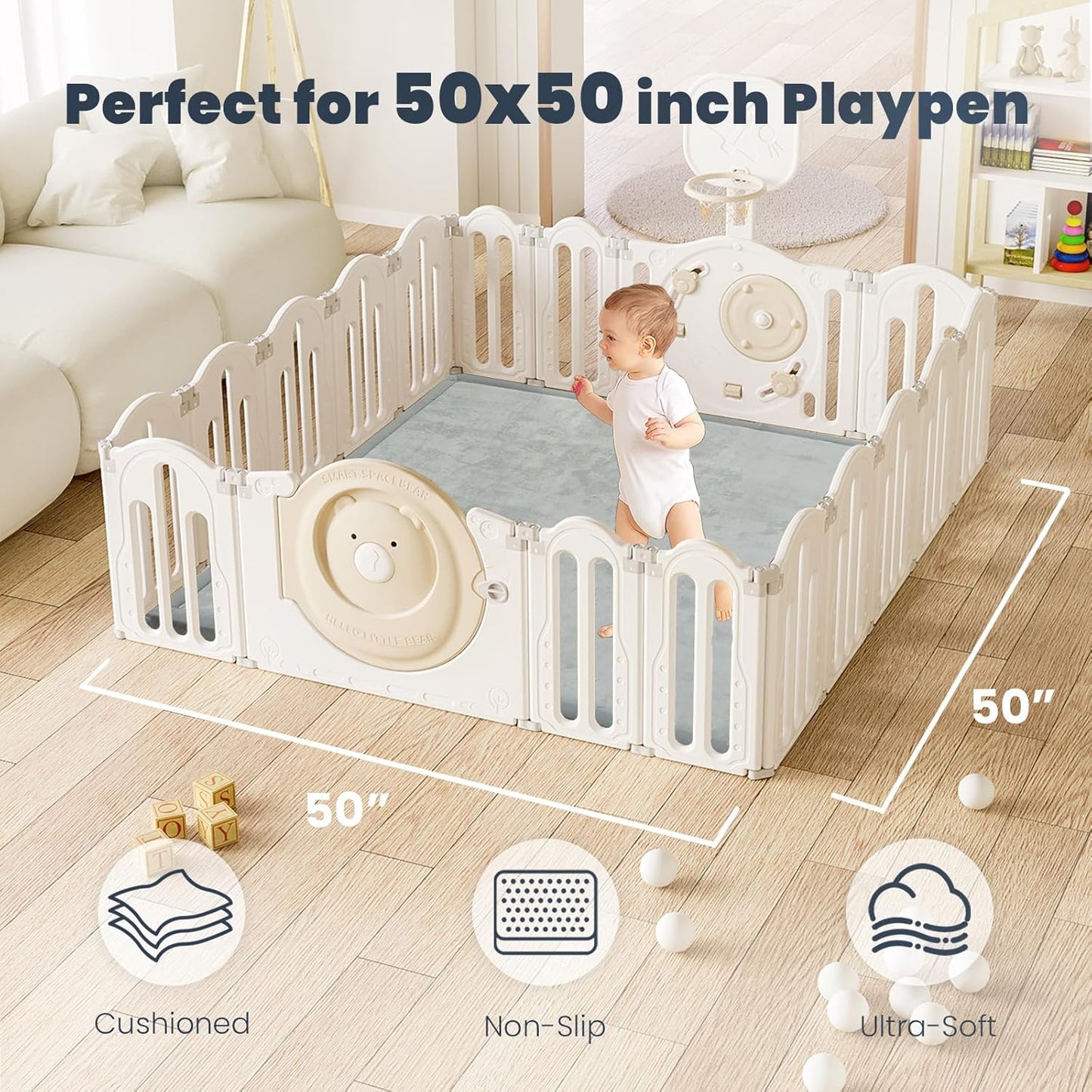 ACOMOPACK Baby Play Mat for Floor 1.3" Thick Memory Foam 50x50 Soft Velvet Playpen Mat for Kids,Infants,Toddlers,Tummy Time Crawling Mats with Non-Slip Bottom,Yoga,Tatami,Nursery Rug（Light Grey）