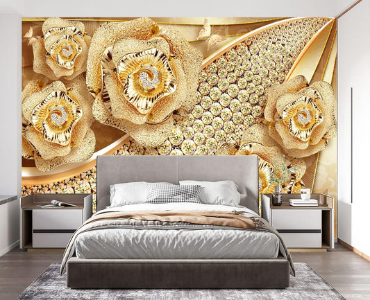 Golden Jewelry Diamond Rose Butterfly Wall Mural Wallpaper for Bedroom 178" x 117"