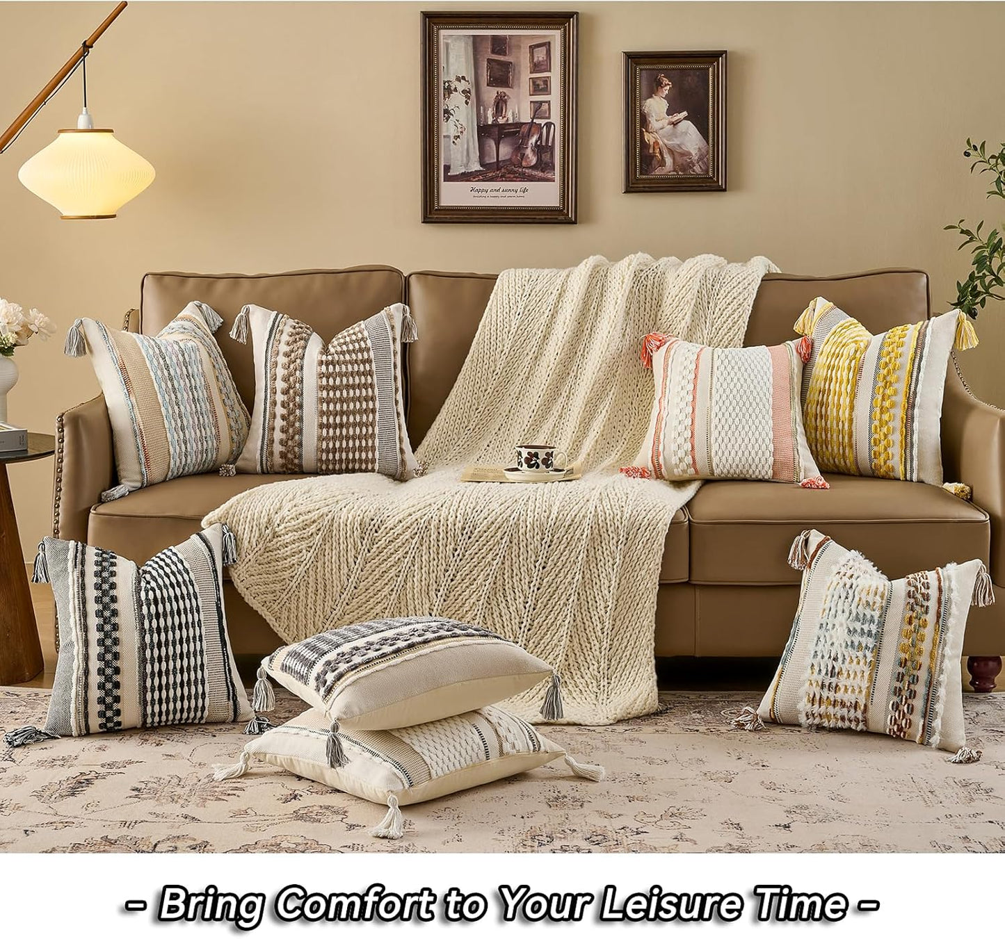 AmHoo Set of 2 Chenille Striped Textured Boho Throw Pillow Covers Aesthetic with Tassels Woven Decorative Pillow Case for Couch Bed Sofa Bedroom Modern Funky 18 x 18-Inch Black Multicolor
