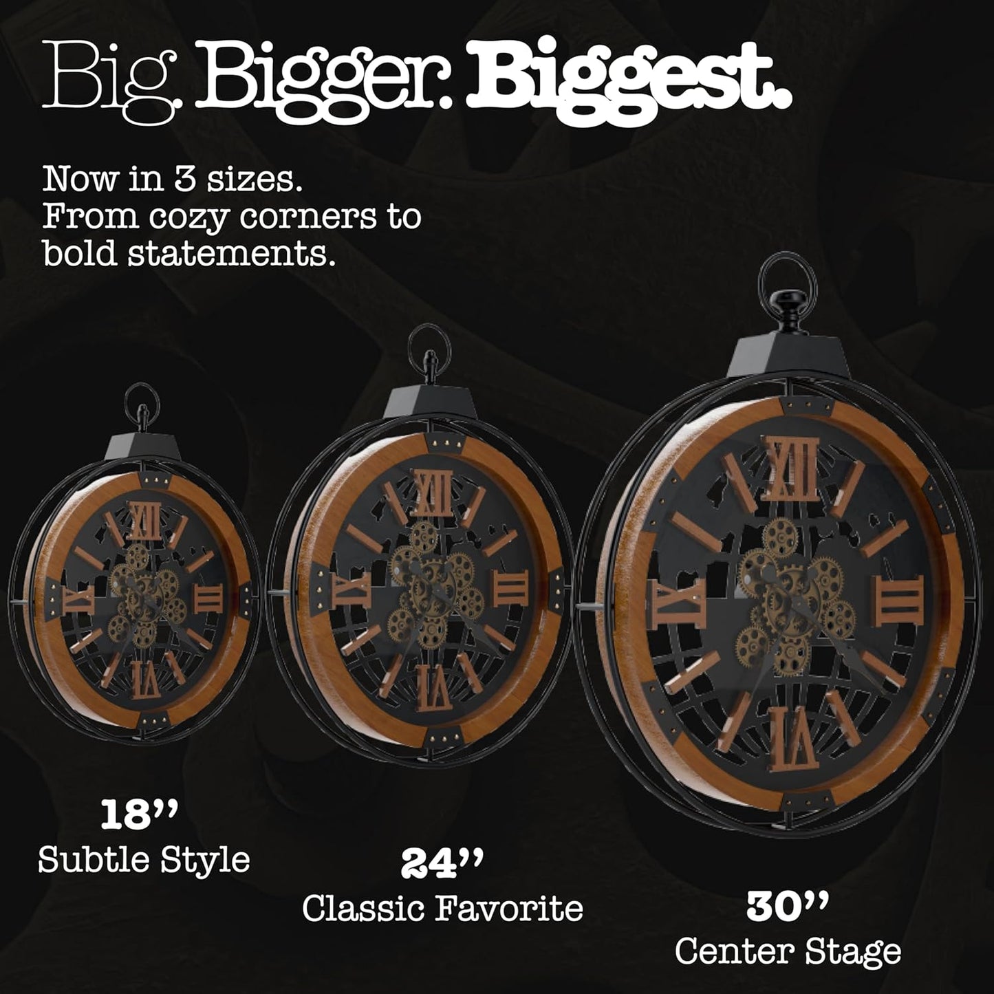 Driini 24 Inch Large Rustic Farmhouse Gear Clock with Moving Gears – Vintage Oversized Wall Clock with Iron Frame – Giant Industrial Steampunk Wall Clock for Living Room Décor (Walnut)