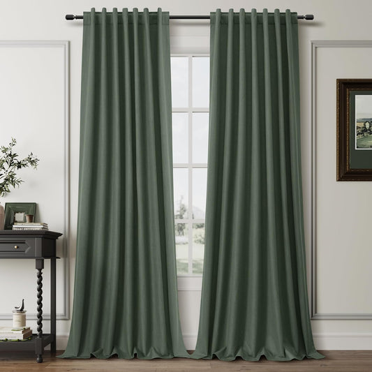 100 Inch Blackout Curtains 2 Panels Set Back Tab Rod Pocket Thermal Insulated Olive Green Linen Black Out Curtains Noise Reducing Living Room Darkening Window Drapes Linen Textured Loden 52x100