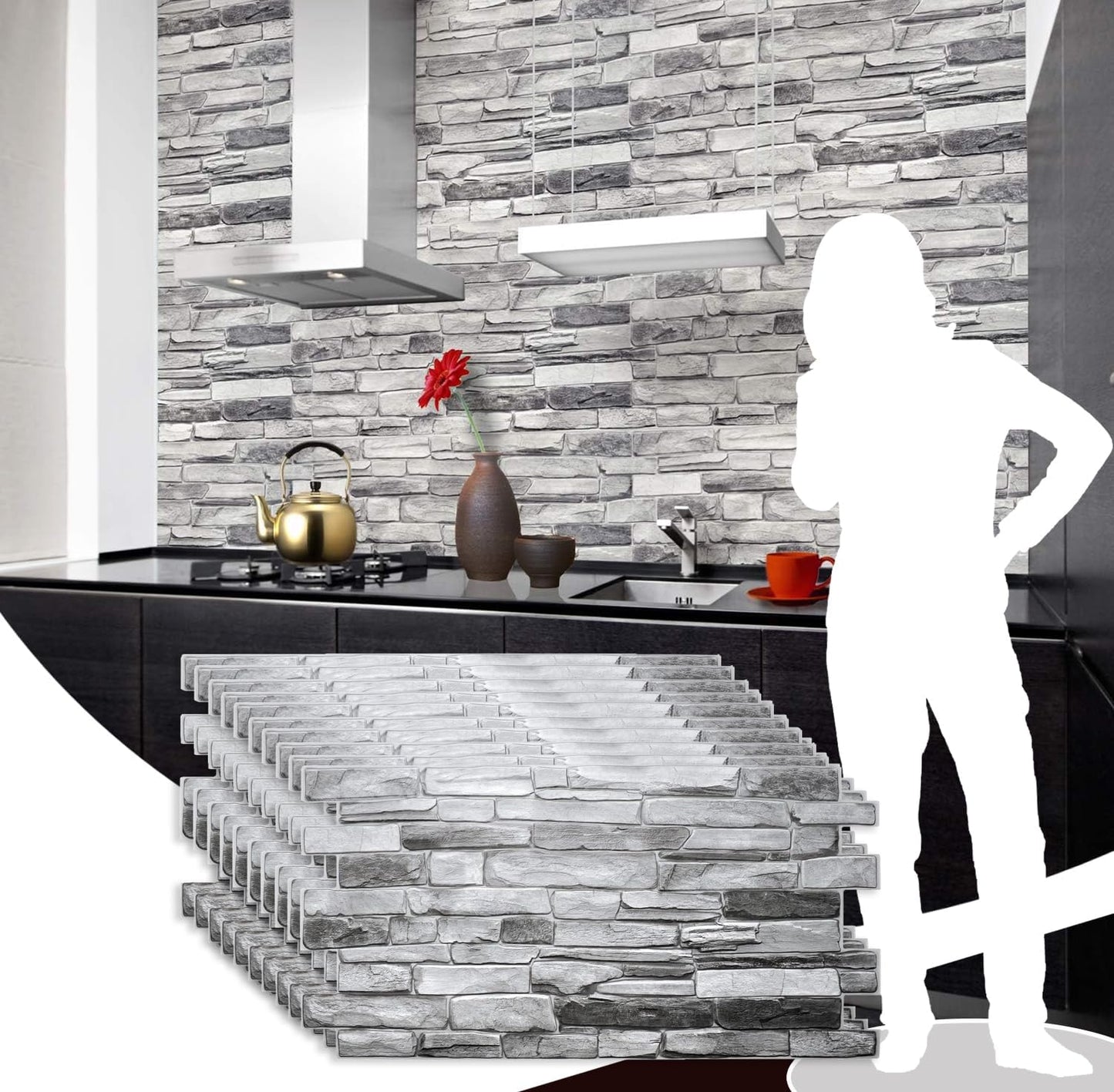 Dundee Deco GRAZPG7117-10 Grey Faux Stone PVC 3D Wall Panel, 3.2 ft X 1.6 ft (98cm X 50cm), Interior Design Wall Paneling Decor, 5.3 sq. ft. (0.49 sq. m) Each, Pack of 10