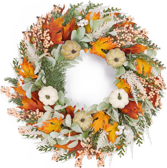GENMOUS 24inch Fall Wreaths for Front Door, Maple Leaves Autumn Wreath Eucalyptus Berries Pumpkins Lamb Ears Leaves, Porch Wall, Home Outdoor Indoor Thanksgiving Halloween Harvest Holiday Fall Decor