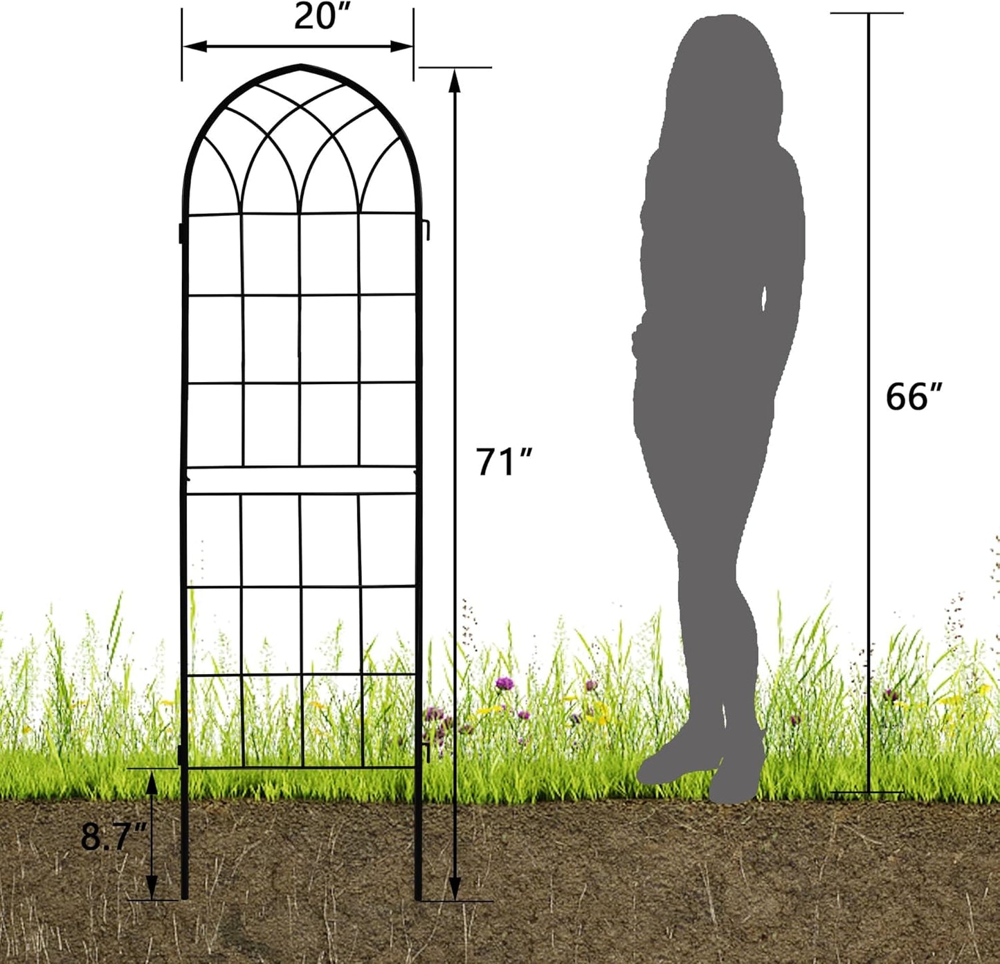 LZRS 2 Pack 71x20in Rustic Iron Arch Decoration Garden Trellis with Black Metal Coating – Perfect for Supporting Climbing Plants Outdoor, Roses, Vines, Flowers, and Vegetables.