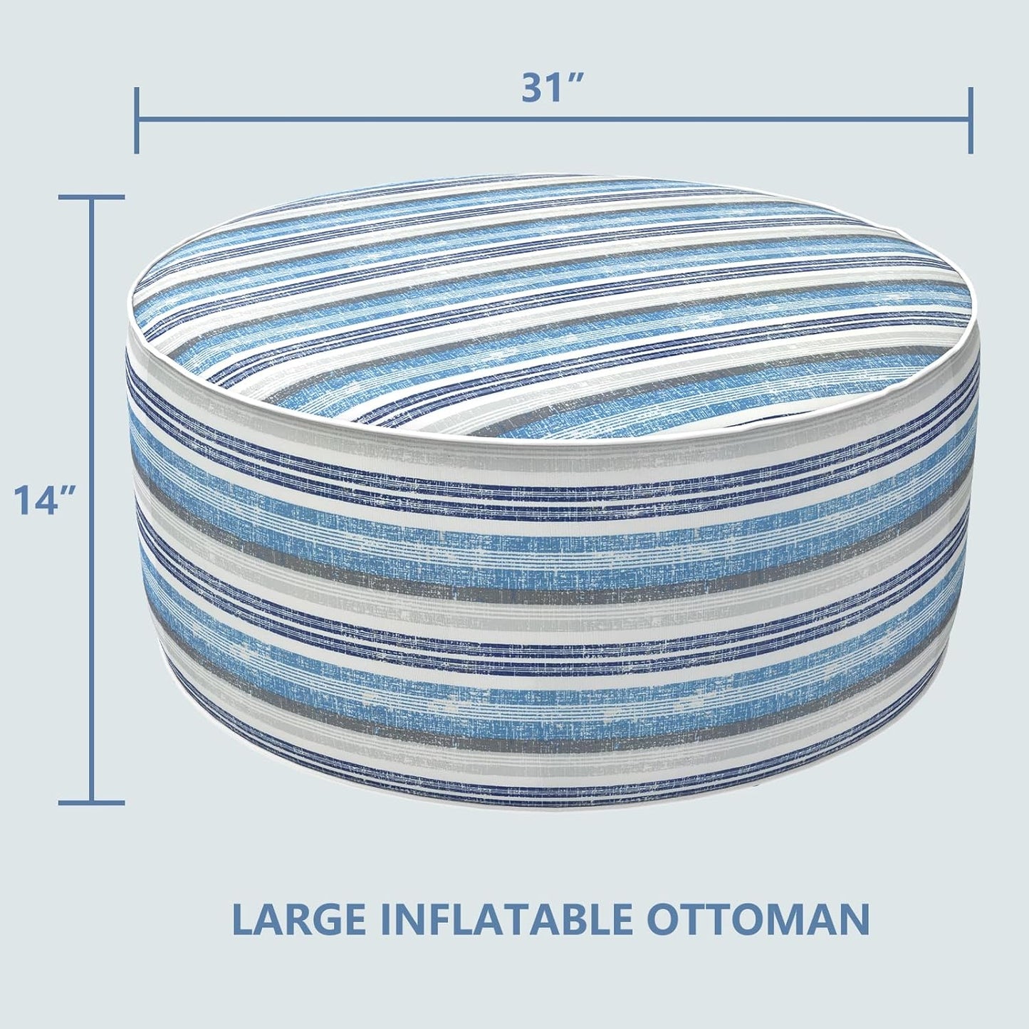 LVTXIII Outdoor Inflatable Ottoman, Fade-Resistant Round Footrest Stool D31”x H14”, Portable Patio Pouf for Garden Camping or Home Use, Stripe Layered Blue