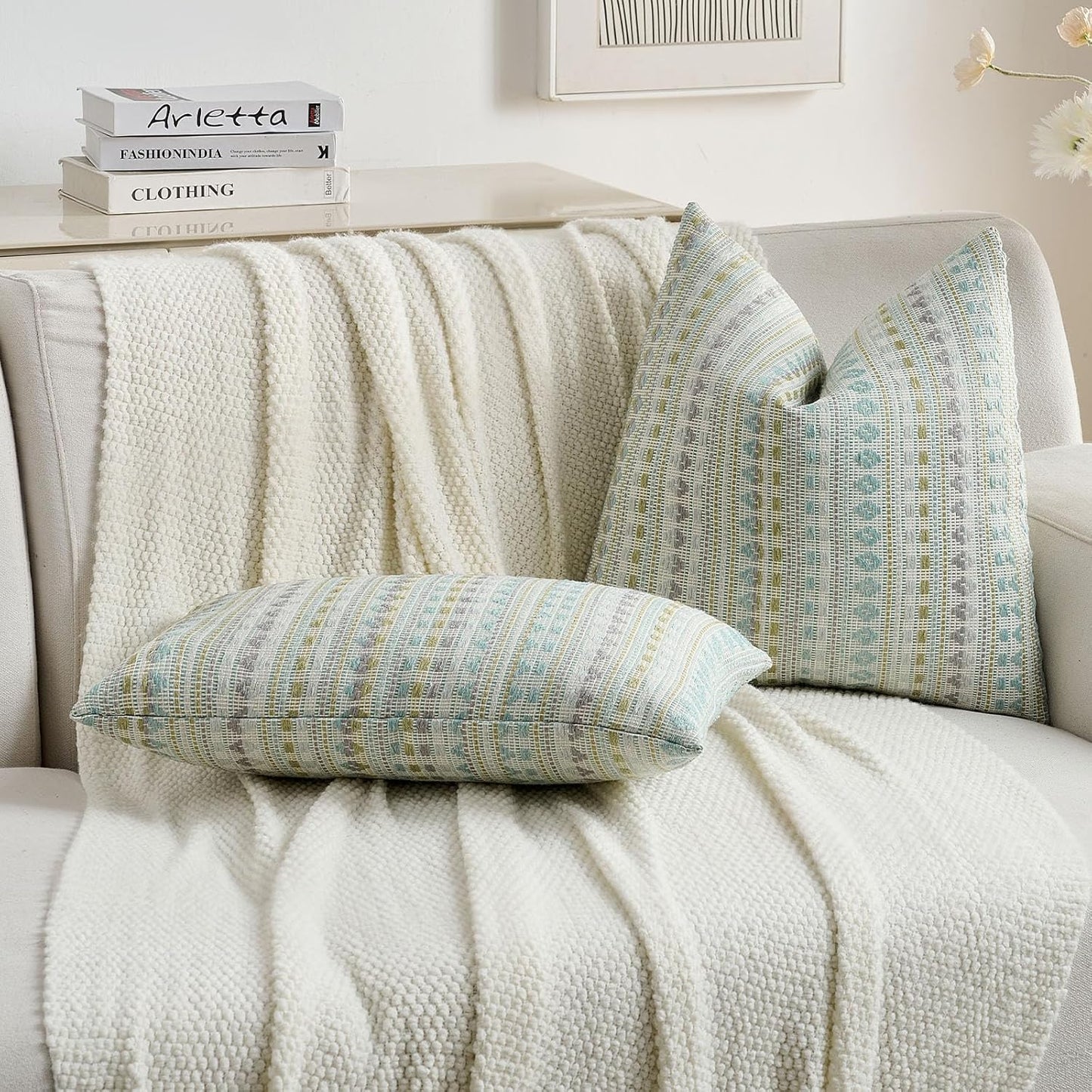 FUTEI Green Blue Decorative Throw Pillow Covers 12x20 Inch Set of 2,Soft Cozy Chenille Jacquard Textured Pillow Case,Boho Home Decor for Couch Bed Living Room