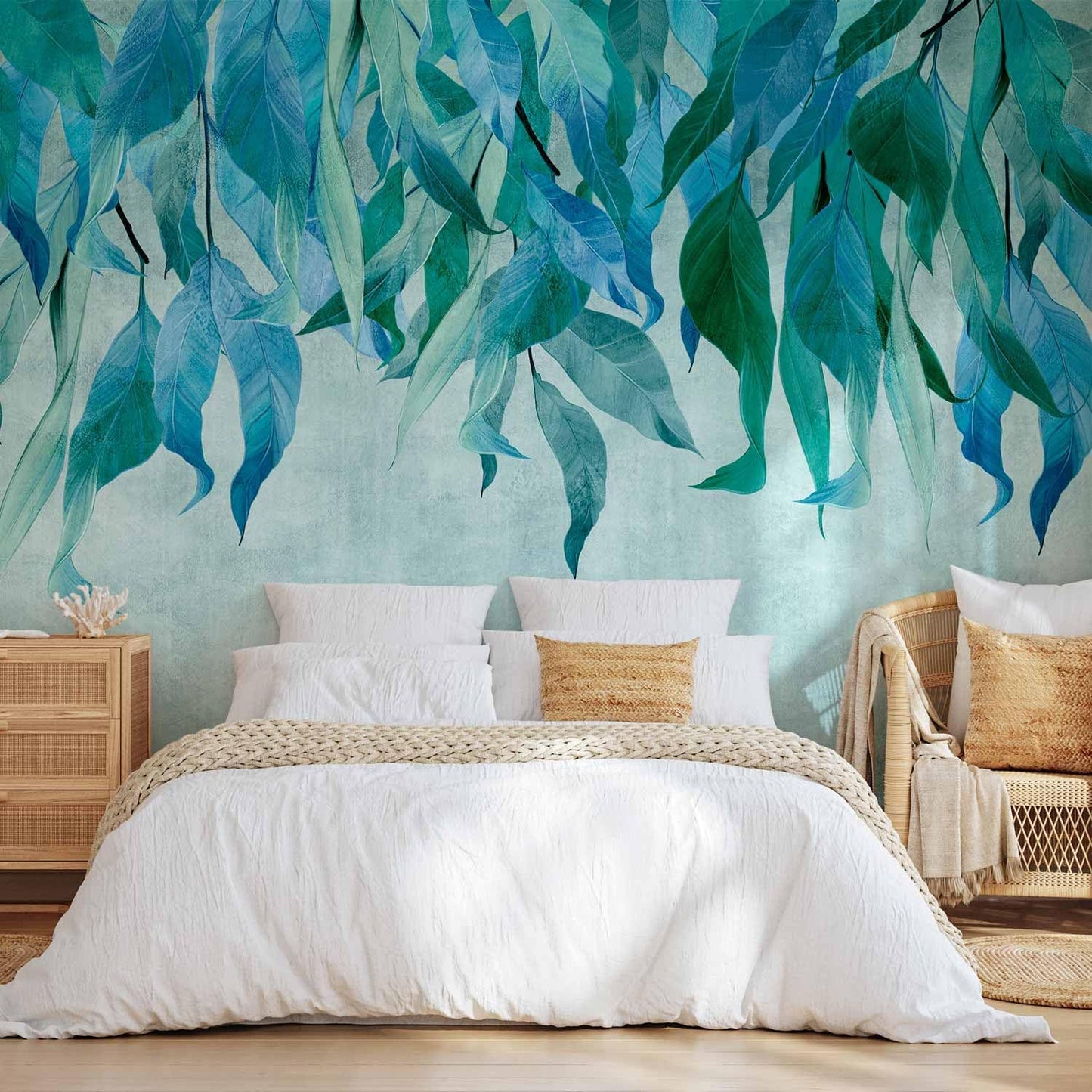 artgeist Wall Mural Hanging Leaves 79x55 in - Non-Woven Wallpaper Fleece Wall Decor Photo Print Picture Image Design Nature Botanical Concrete Green Blue b-C-10146-a-b