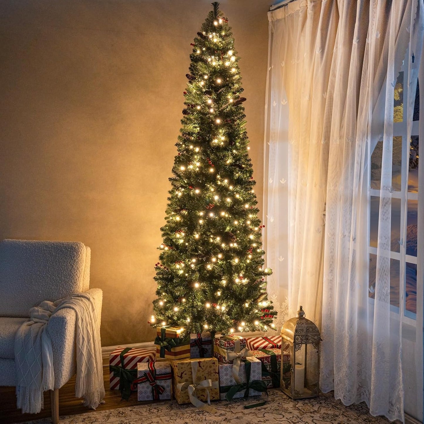 Naomi Home Belen 7.5ft Pencil Christmas Tree Prelit pre-Decorated with Pine Cones, Red Berries, 1099 Branch Tips, 350 Warm Lights and Metal Stand, 34" Wide Skinny Christmas Tree with Lights