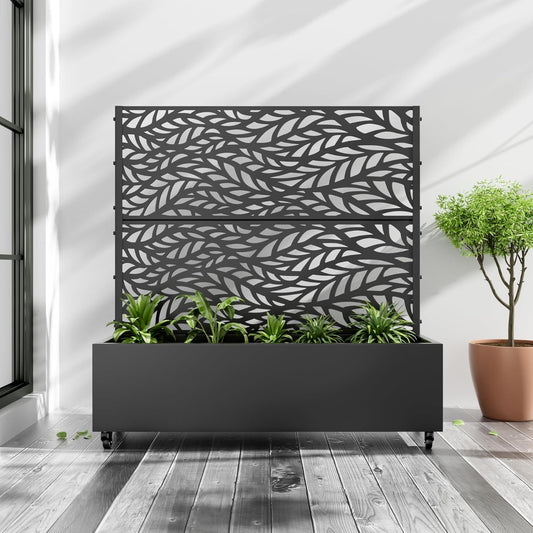 Casaphoria Metal Raised Garden Bed with Trellis and Wheels, 47"x47"x16" Planter Box for Climbing Plants, Vegetables & Vines, Features Drainage Holes and Privacy Screen (Black-Spring)