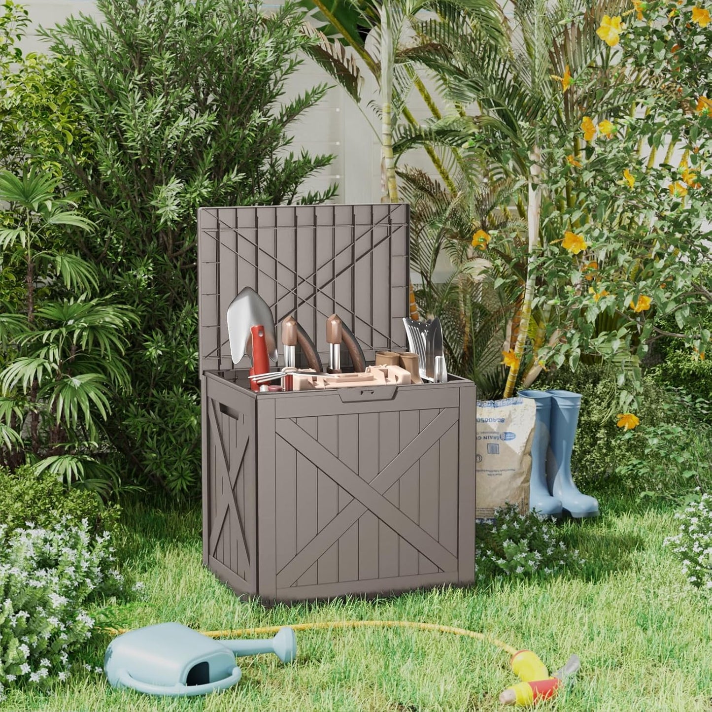 Vixzen 32 Gallon Resin Deck Box - Lockable Outdoor Storage for Patio Cushions, Garden Tools, Pool Supplies，Grey
