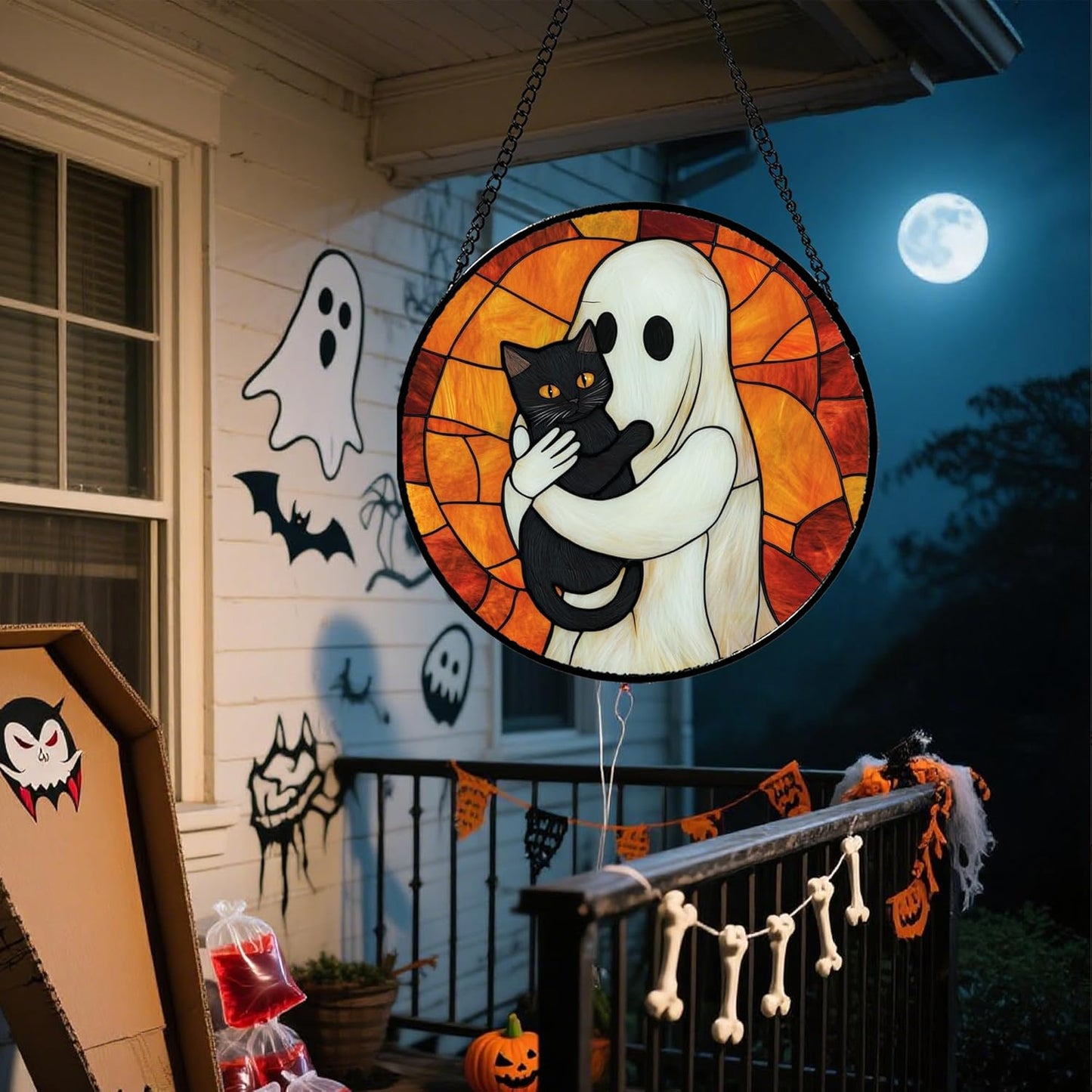 Stained Glass Window Hanging - Halloween Decorations White Ghost Black Cat Suncatcher for Doors Garden Spooky Funny Orange Sun Catchers Gothic Decor Horror Gifts for Women Men Friend 9.8 in