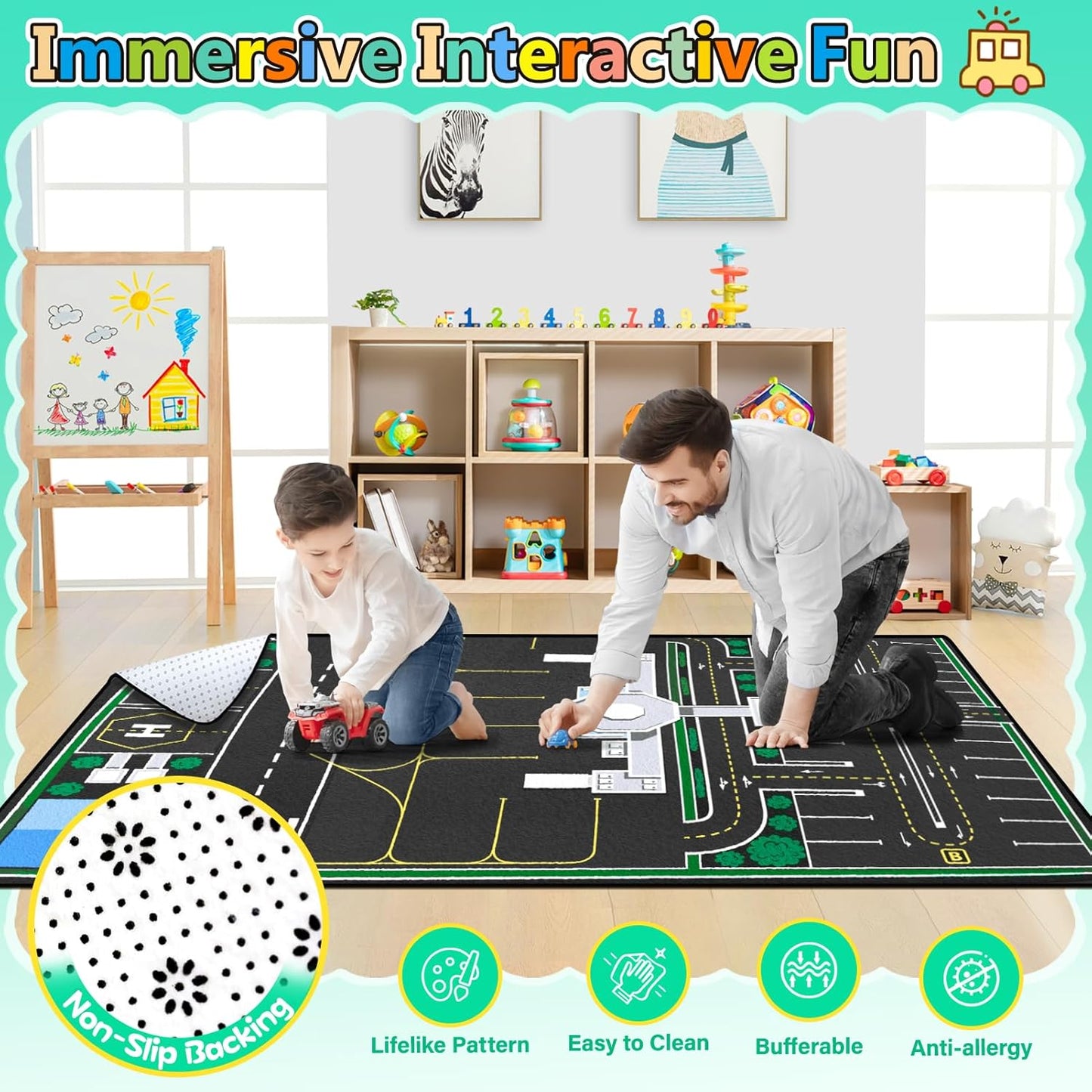 Kids Rug, Road Carpet for Kids with Combined City Road Traffic System, Car Rug and Airport Play Mat, 5x7 Ft Children’s Play Rugs for Playroom, Children’s City Traffic Map Fun Car Mat,Non-Slip