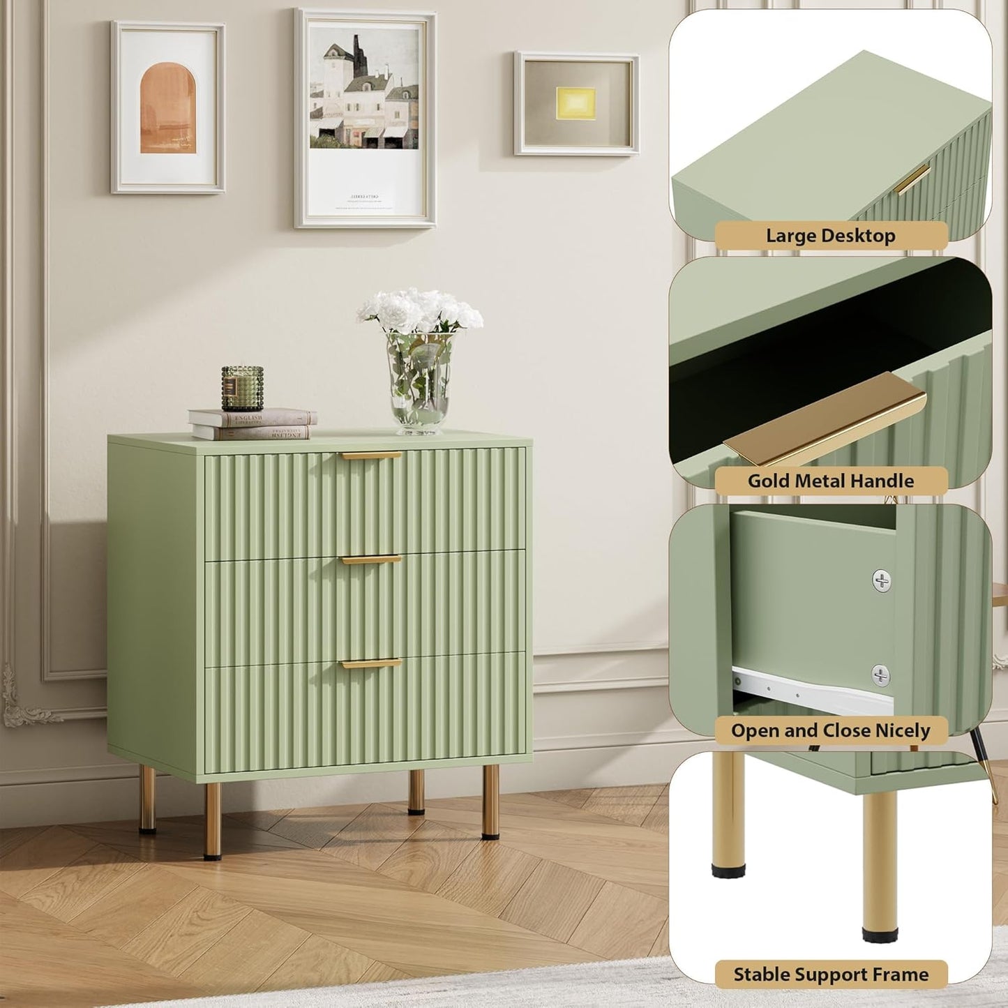 Green 3 Drawer Dresser for Bedroom, Fluted Modern Nightstand with Deep Drawers, Chest of Drawers with Wide Top, Wooden Dresser Organizer, Side Table for Living Room, Hallway, Kids Room