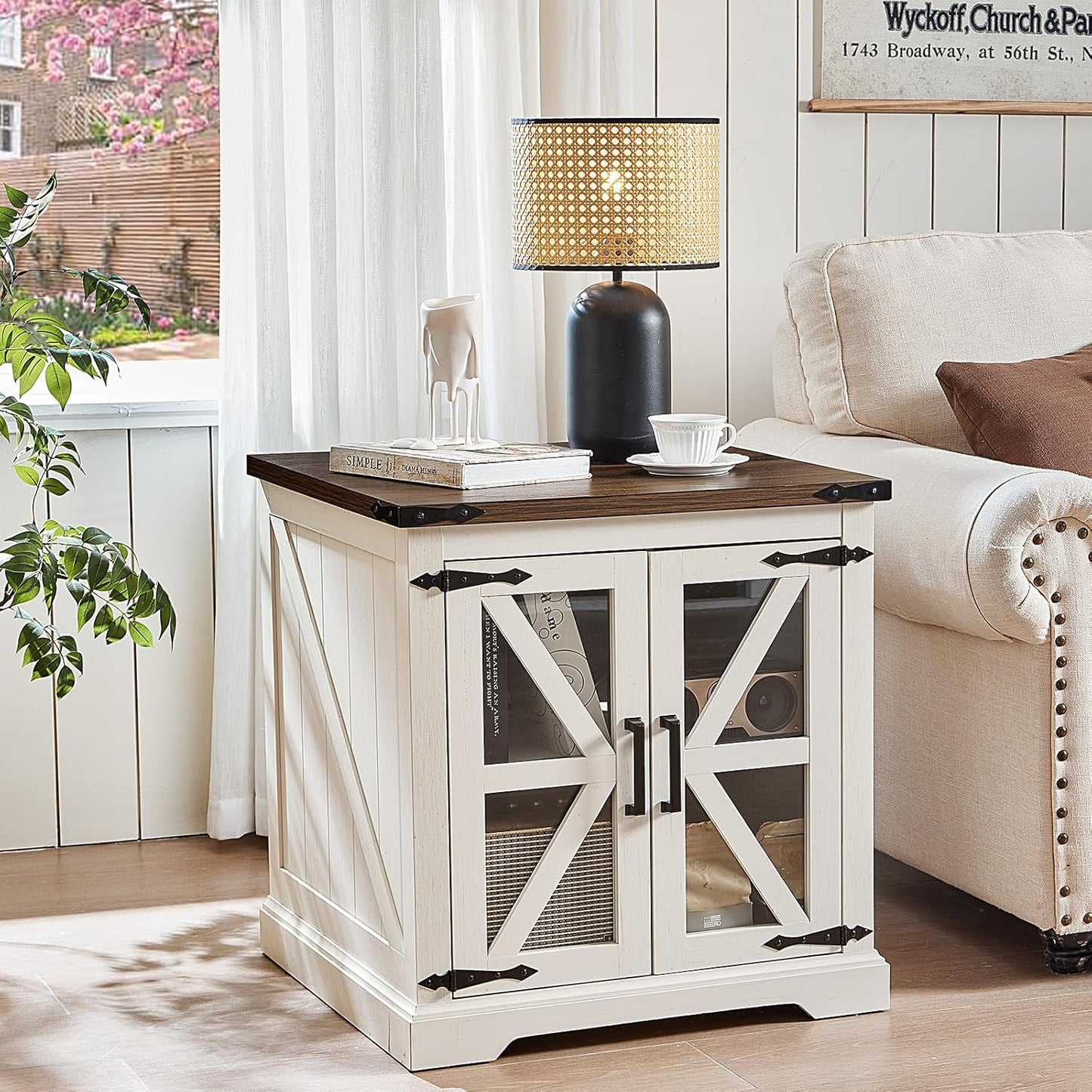 24" End Table Set of 2 with Charging Station, Farmhouse Night Stand with Glass Barn Door, Nightstands with Adjustable Storage Shelf, Large Wood Square Bed Side Table for Living Room,Bedroom