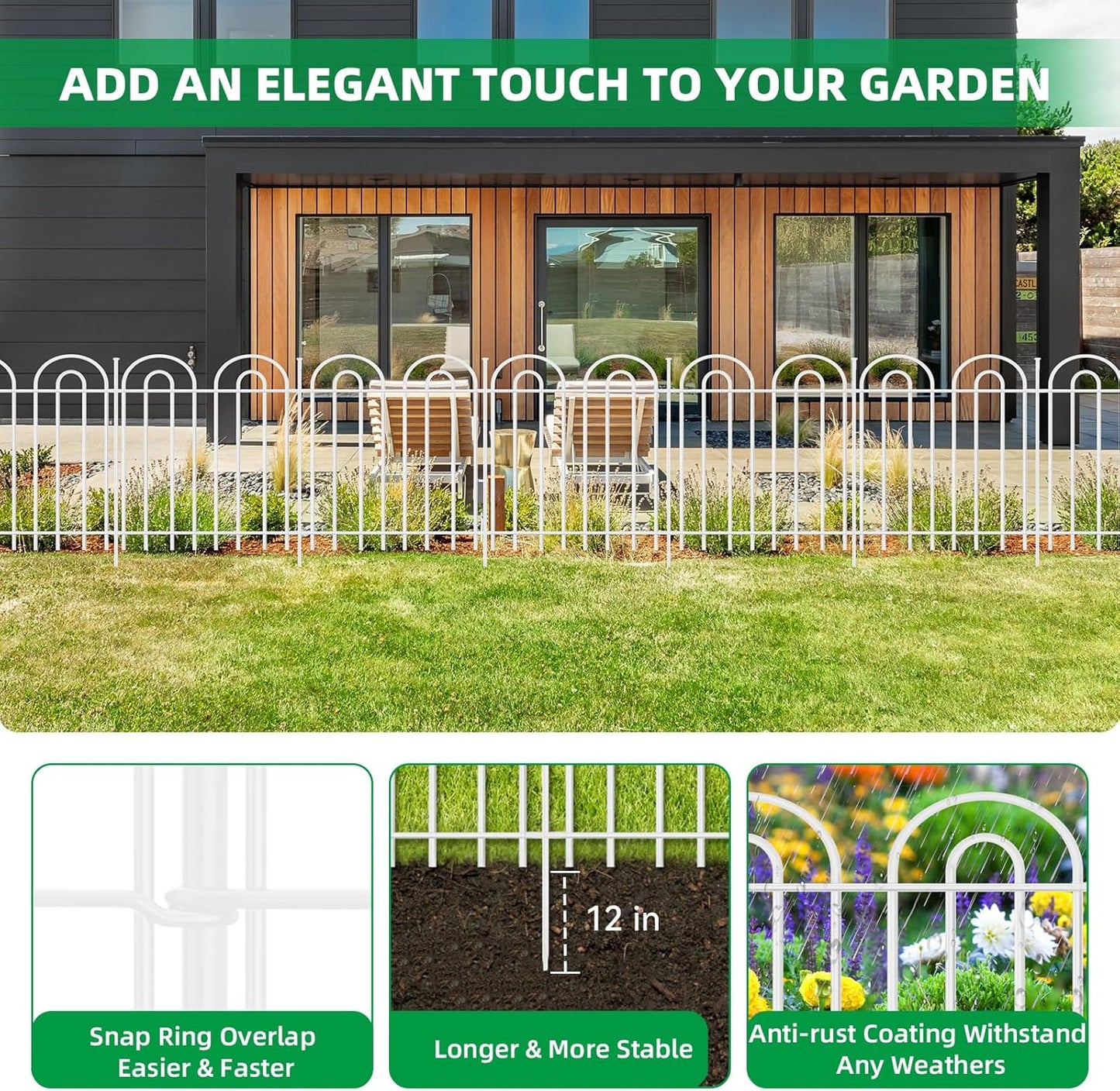 25 Panels Decorative Garden Fence, 24 in(H) X 50 ft(L) No Dig Dog Fence Outdoor for Yard, Rustproof Metal Garden Fencing Animal Barrier with Ground Stakes, Temporary Fencing for Patio Outdoor, White