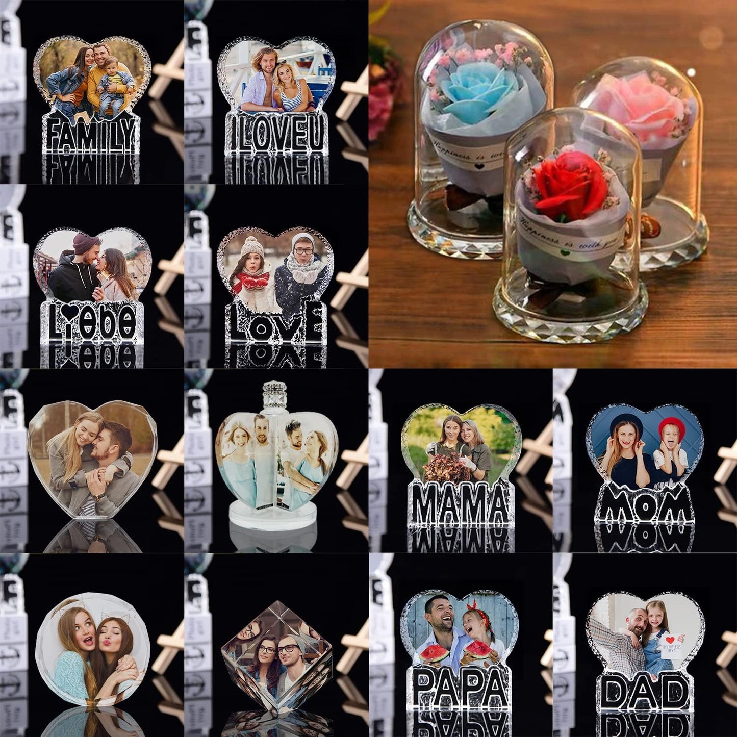 MAMA Crystal custom picture-personalized 3D Crystal Photo frame, birthday gifts, anniversary, wedding gift, gift for Mother's Day Gifts for Mom, Wife and Daughter, Rose-MAMA