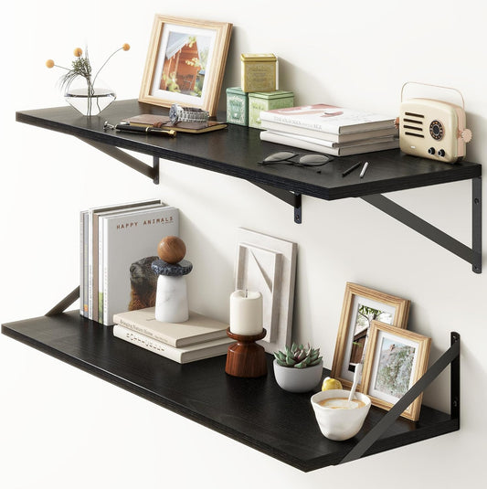 36"W x 12"D Floating Shelves, Black Deep Floating Shelves for Wall with Brackets, 12 Inch Deep Wall Shelves for Books, Wide Display Storage Shelves for Bathroom, Living Room, 36 Inch Long, Set of 2