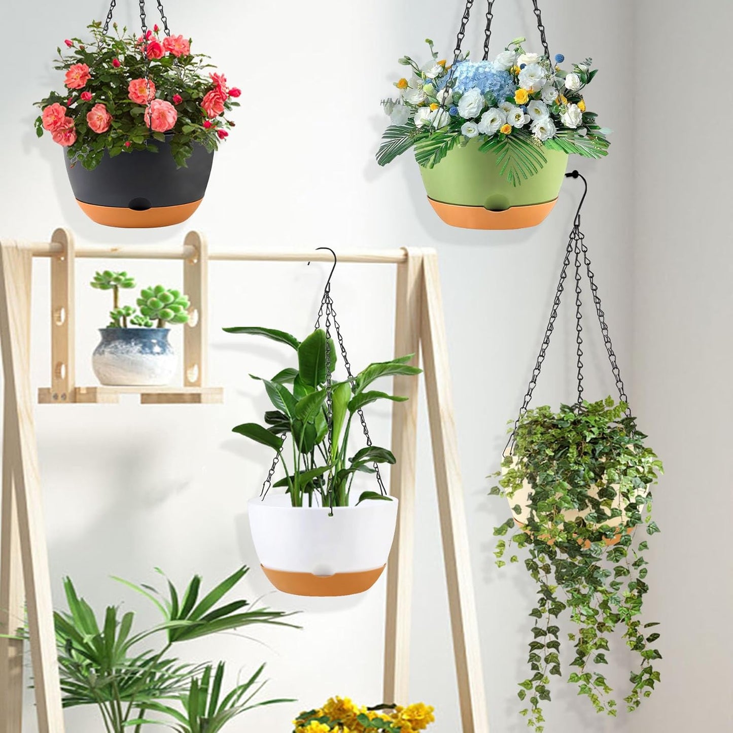 8/10/12 inch Hanging Planters for Indoor Outdoor Plants with Self-Watering Pots, 3 Pack Plastic Hanging Basket with Removable Tray for Home Garden Porch Balcony Patio Decor(White+Black+Green)