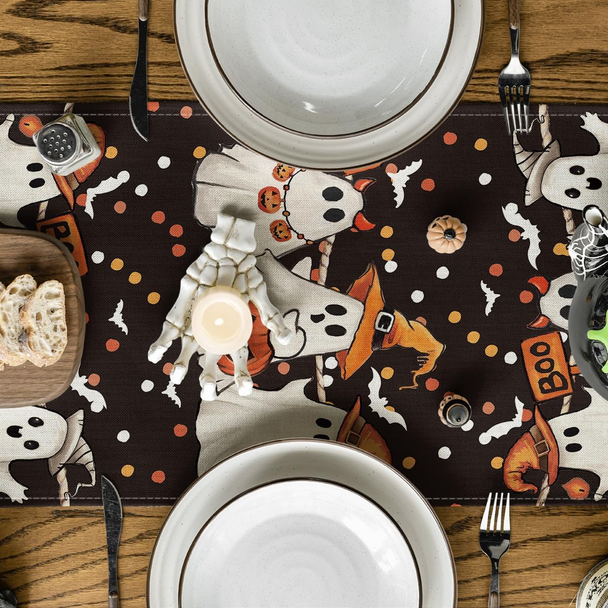 Artoid Mode Ghost Jack-O'-Lantern Black Cat Halloween Table Runner,Holiday Kitchen Dining Table Decoration for Home Party Decor 13 x 36 Inch