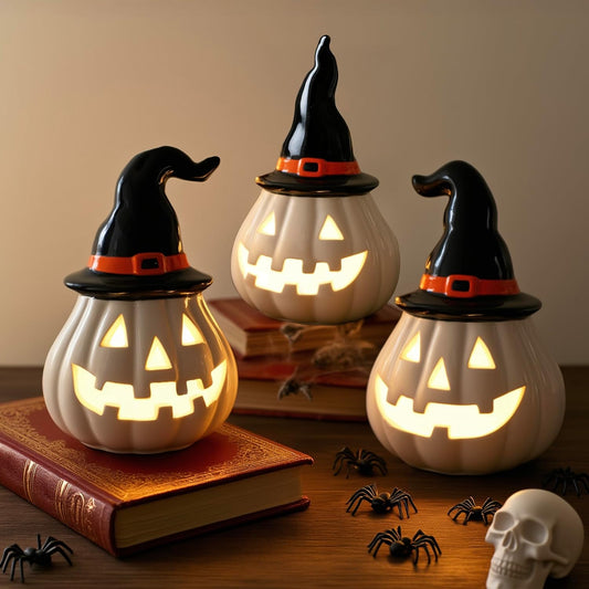 NEROSUN 3 Pack Halloween Light Up Pumpkin Decorations, Ceramic Battery Operated Lighted Jack O Lantern Figurines, Spooky Halloween Ornaments for Indoor Home Fireplace Tabletop Centerpieces