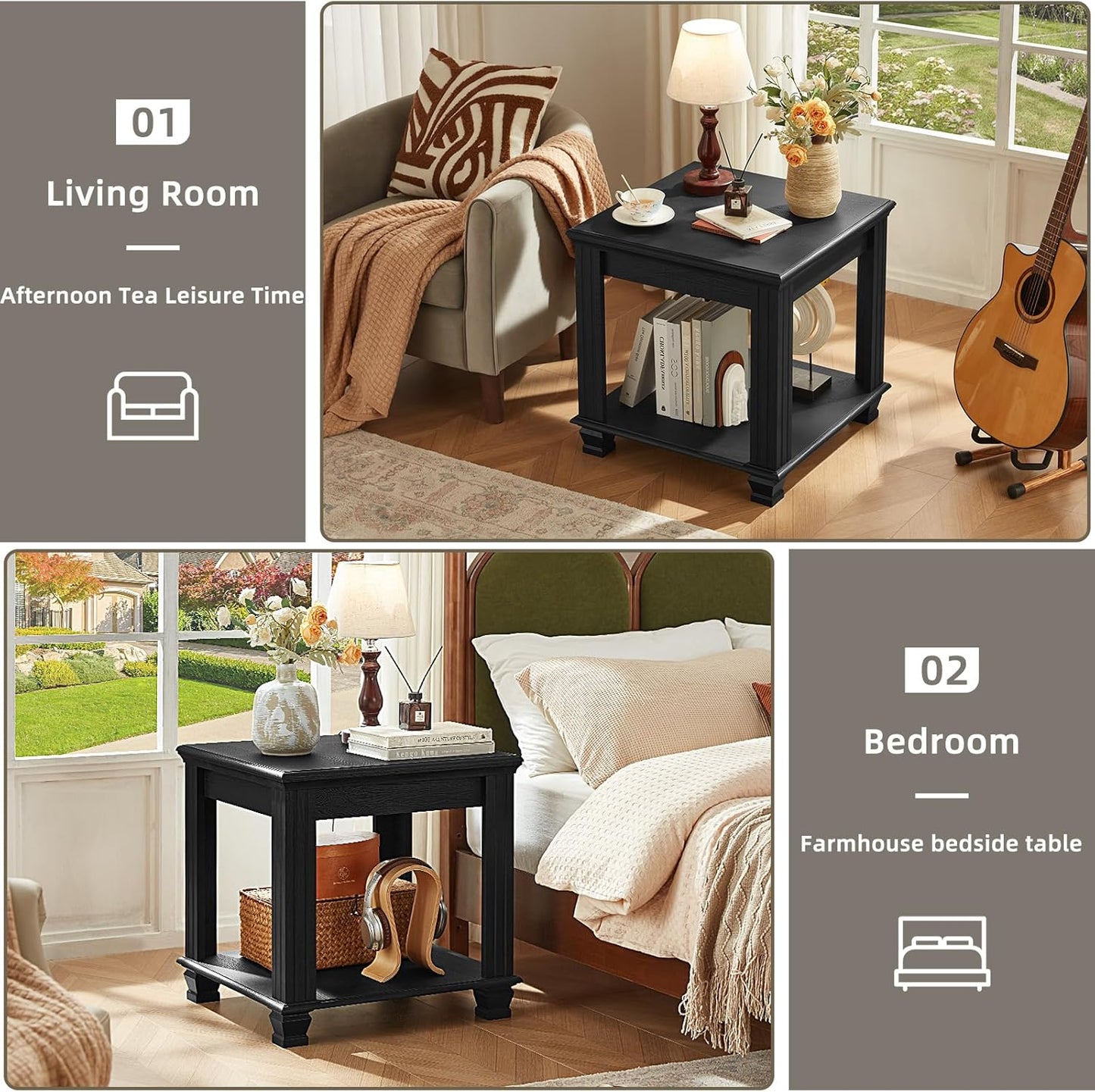 Farmhouse End Table Set of 2,Large Side Table with 2-Tier Storage Shelf,Rustic Wood End Tables for Living Room,Square Tea Table, Black