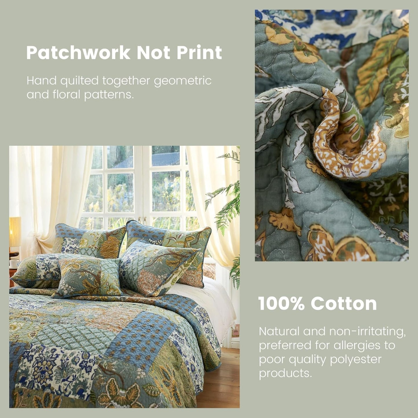 Secgo Twin Size Quilt Size - 100% Cotton Comforter Set Bedding Sets (68 * 86 Inch) with 2 Pillow Shams, Patchwork Reversible Lightweight Bedspread