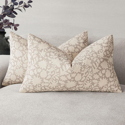 Foindtower Set of 2 Decorative Neutral Floral Throw Pillow Covers Accent Farmhouse Cushion Covers Boho Lumbar Pillowcase for Couch Sofa Bedroom Living Room Home Decor Outdoor,12×20 Inch,Ivory Beige