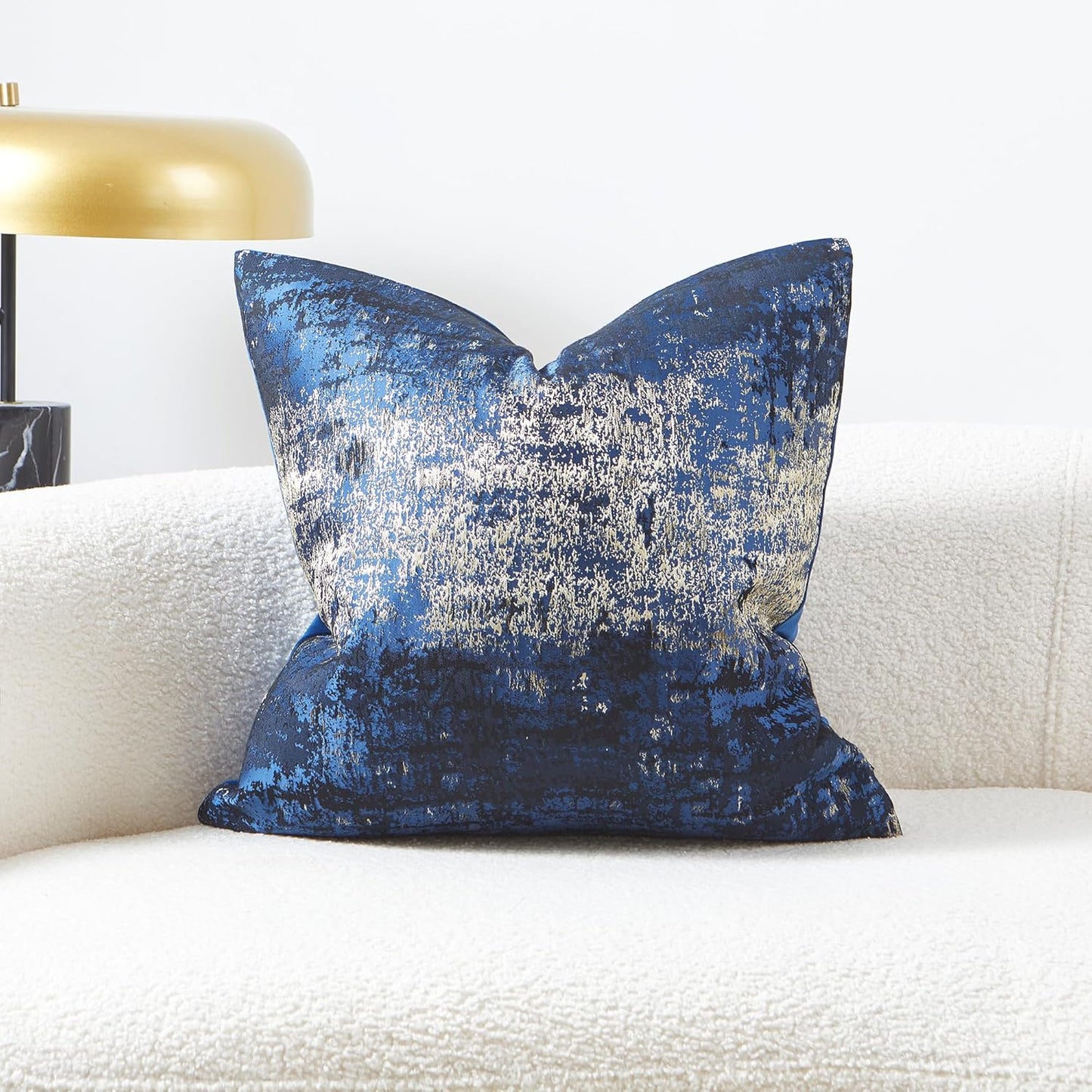 THE-TINOART Navy Gold Jacquard Accent Pillow Cover 18x18 - Reversible Design with Gold Thread Embroidery, Luxury Velvet Back for Sofa & Bed Decor