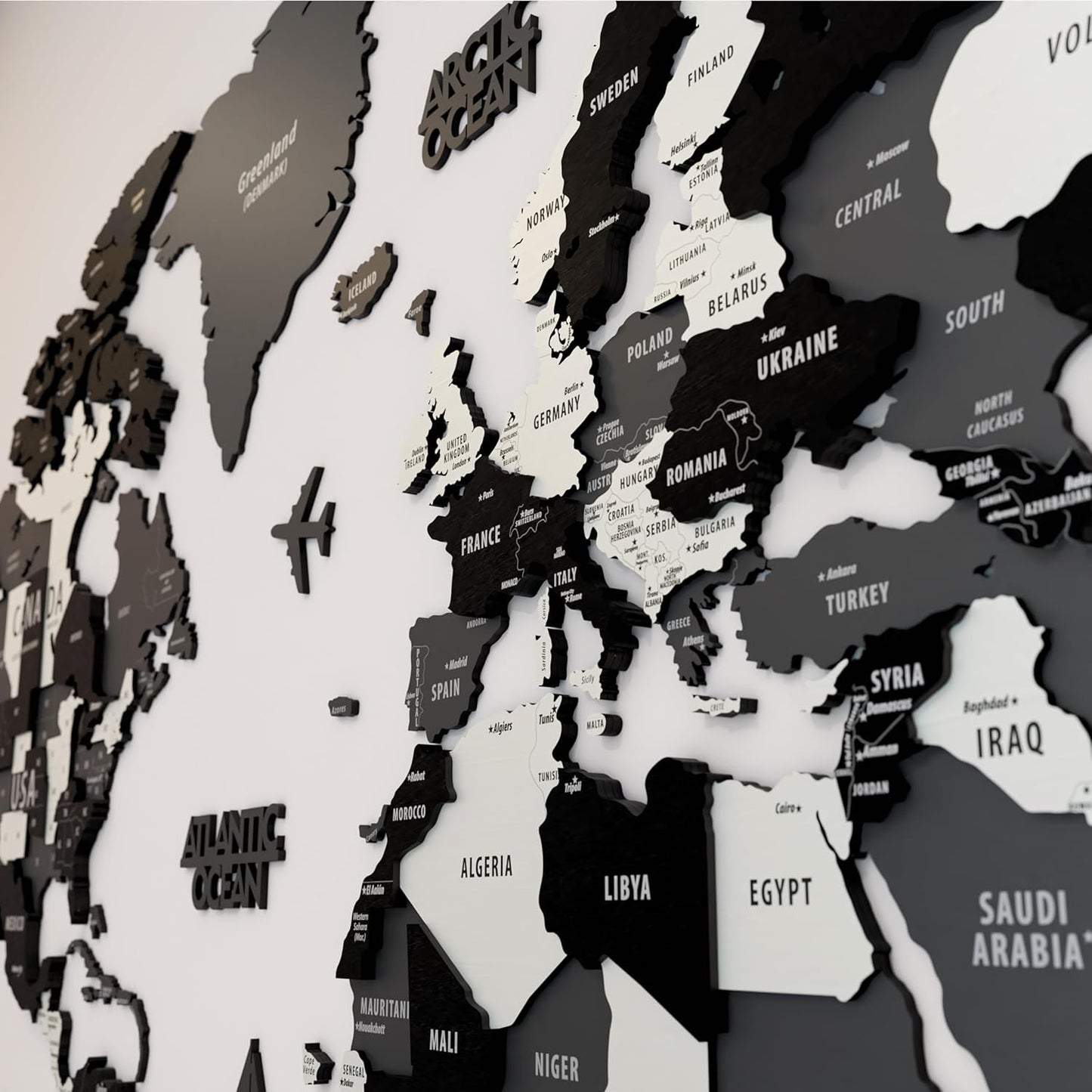 Colorfull Worlds 3D Wooden World Map Wall Art | Unique Wall Decor with Pins for Travel Enthusiasts | Home and Office Wall Décor | Grey | XXLarge