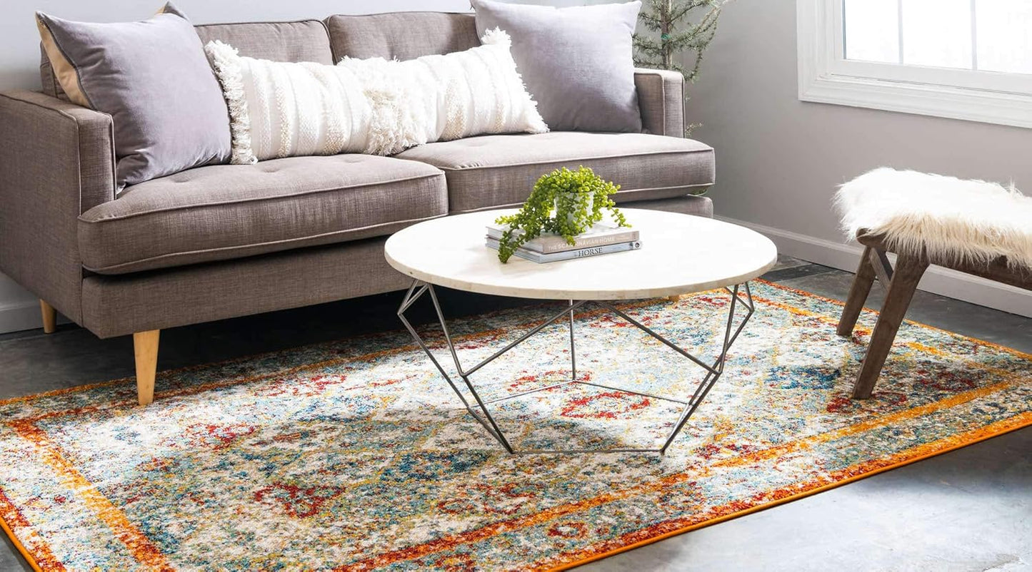 Unique Loom Rosso Collection Vintage, Traditional, Bohemian, Geometric, Distressed, Southwestern Area Rug, 5' 0" x 8' 0", Beige/Orange