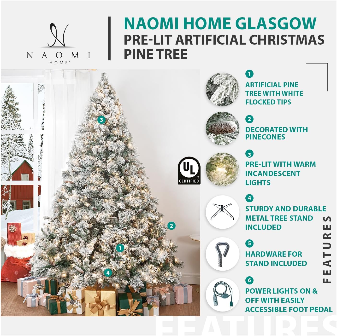 Glasgow 6.5ft Frosted Prelit Artificial Christmas Tree with Pine Cones, Foot Pedal, 1040 Branch Tips, 650 Warm Lights & Metal Stand, 56" Wide Realistic Snow Flocked Pine Christmas Tree with Lights