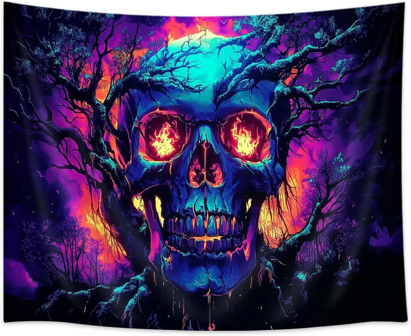 Xiaoput Blacklight Fire Skull Tapestry for Bedroom, Trippy UV Reactive Burning Skeleton Forest Wall Hanging Tapestries, Scary Dark Horror Glow in the Dark Tapestries for Living Room Home Dorm 60X51IN