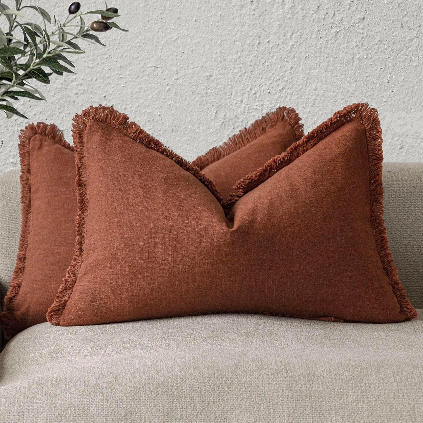 Foindtower Set of 2 Decorative Linen Fringe Throw Pillow Covers Farmhouse Cushion Cover with Tassels Lumbar Accent Pillowcase for Couch Bed Living Room Home Bedroom Decor, 12×24 Inch, Fall Rust Orange