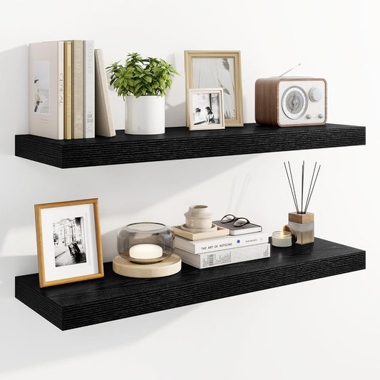 Marsmiles 31.5" Floating Shelves for Wall, Wooden Shelves with Invisible Brackets Set of 2, Rustic Farmhouse Wall Mounted Shelf for Kitchen Bathroom Living Room Study, Black