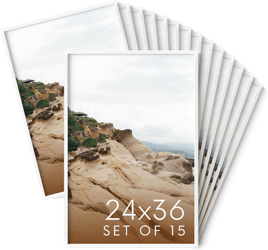 HAUS AND HUES 24x36 White Metal Picture Frames - Features Premium Aluminum, Vertical & Horizontal Hang, Shatterproof Plexiglass - For Home, Room, Office (24x36 in, White, Set of 15)